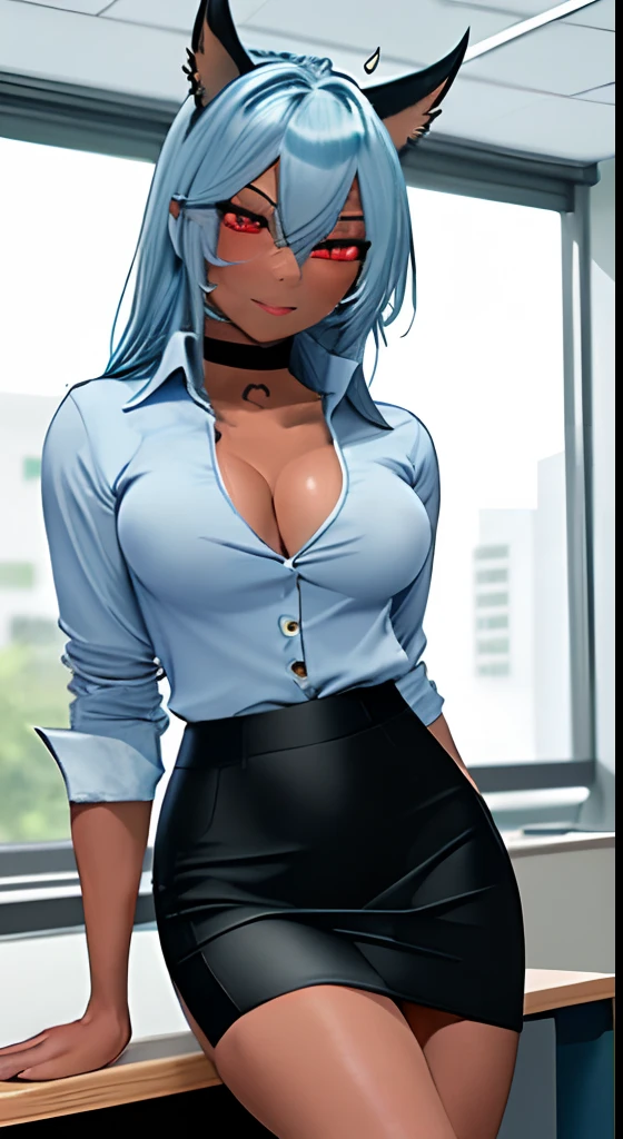 nsfw, masterpiece, (best quality:1.2), (sharp focus:1.2),, 1 girl, fit girl,, (malay|light_blue hair), devil ears, ebony skin, detailed face, manipulative face, blush, evil smile, toned arms,, white collared shirt with top three buttons undone, showing chest skin, black choker,, in a modern office, indoor, late night, pencil skirt, toned legs, flat pumps