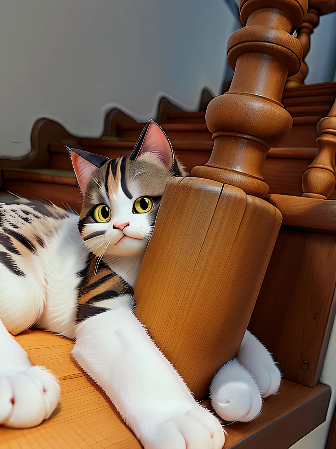 Cute cat hugging PIXAR-style stair baluster