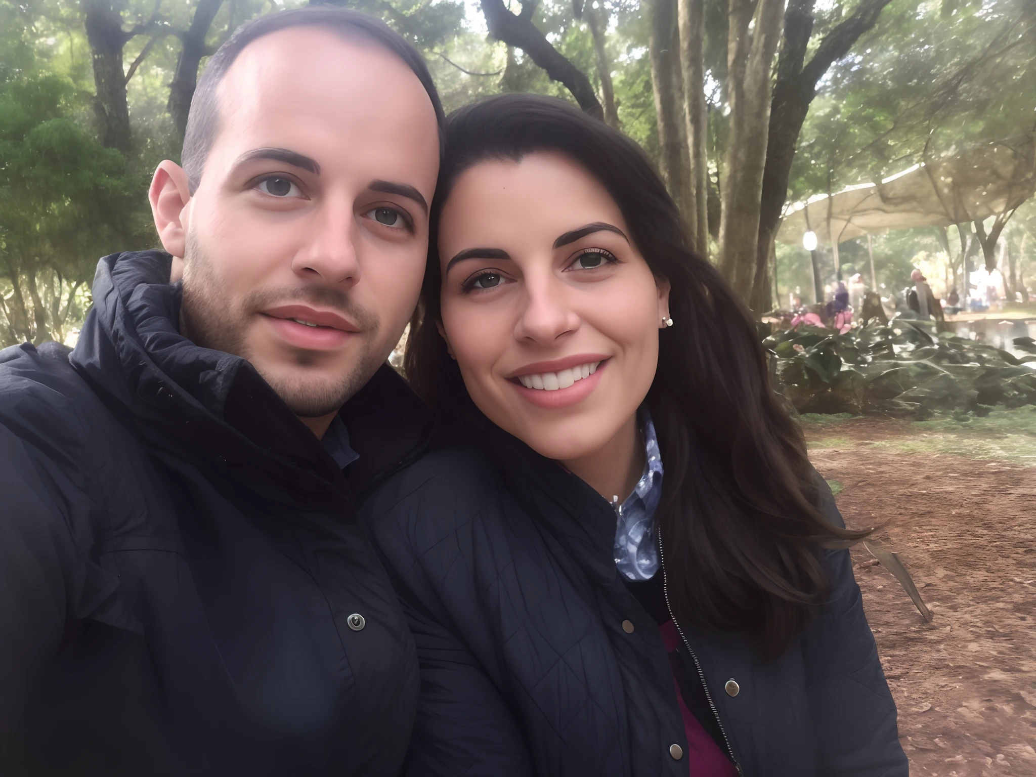 there is a man and woman taking a selfie in the park, In Sao Paulo, Casal feliz, Directed by: Nandor Soldier, imagem de perfil, par, em jardins de maconha, em um parque, no Parque, Karla Ortiz, em um parque, Directed by: Luis Miranda, com um parque ao fundo, Foto realista, imagem do avatar, retrato de casal