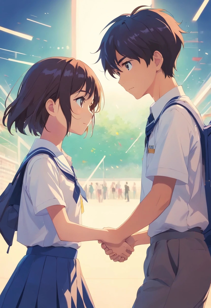 A teen girl and boy dressed in school uniforms shake each other's hand
