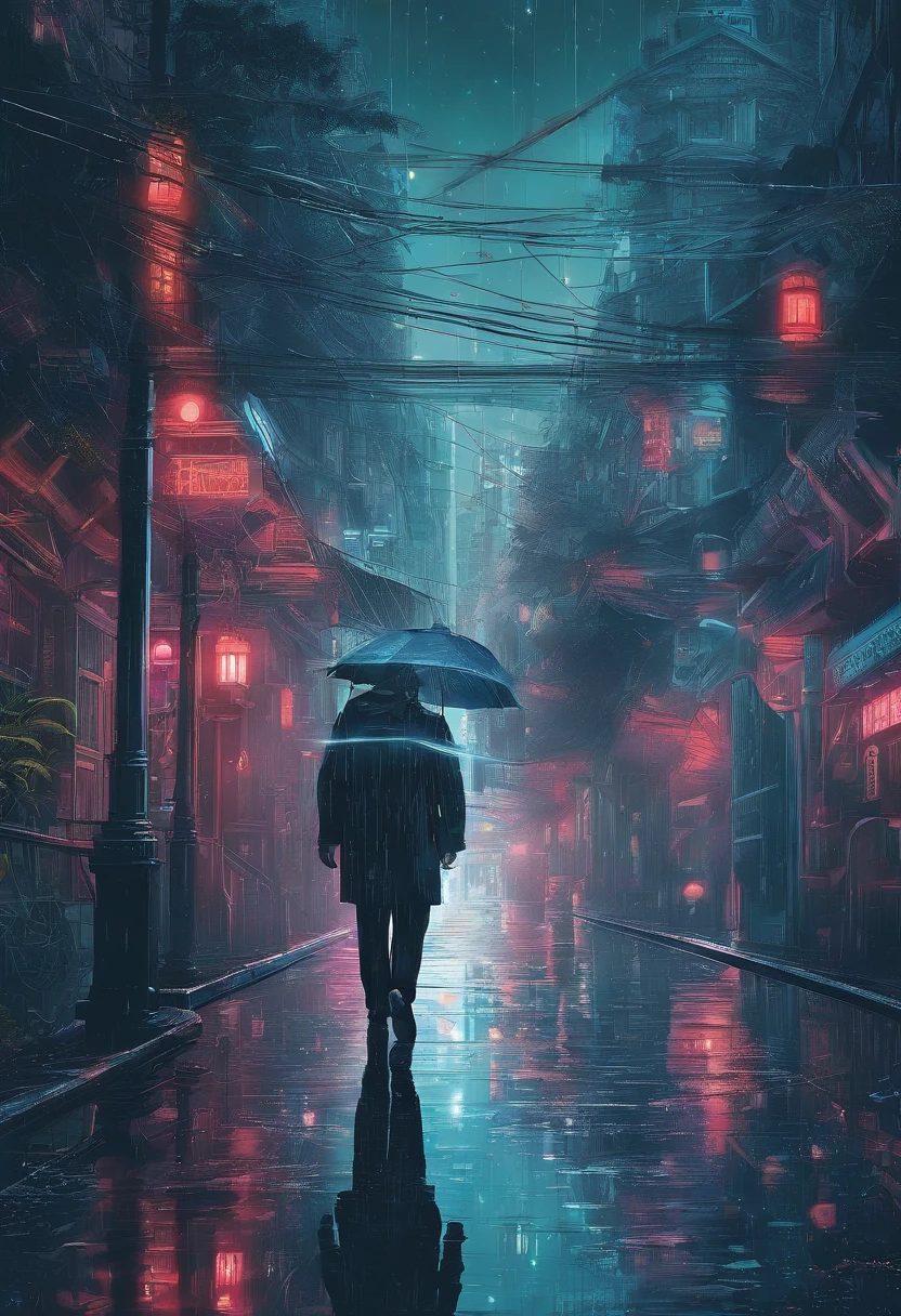 Man walking on the road at night, cyberpunk blade runner art, in the cyberpunk city, cyberpunk street, cyberpunk art style, futuristic street, cyberpunk themed art, Detailed Neon Cyberpunk City, Cyberpunk in Cyberpunk City, Cyberpunk dream landscape, in a futuristic cyberpunk city, Cyberpunk City, cyberpunk city street, busy cyberpunk metropolis, futuristic city street, cyberpunk vibe