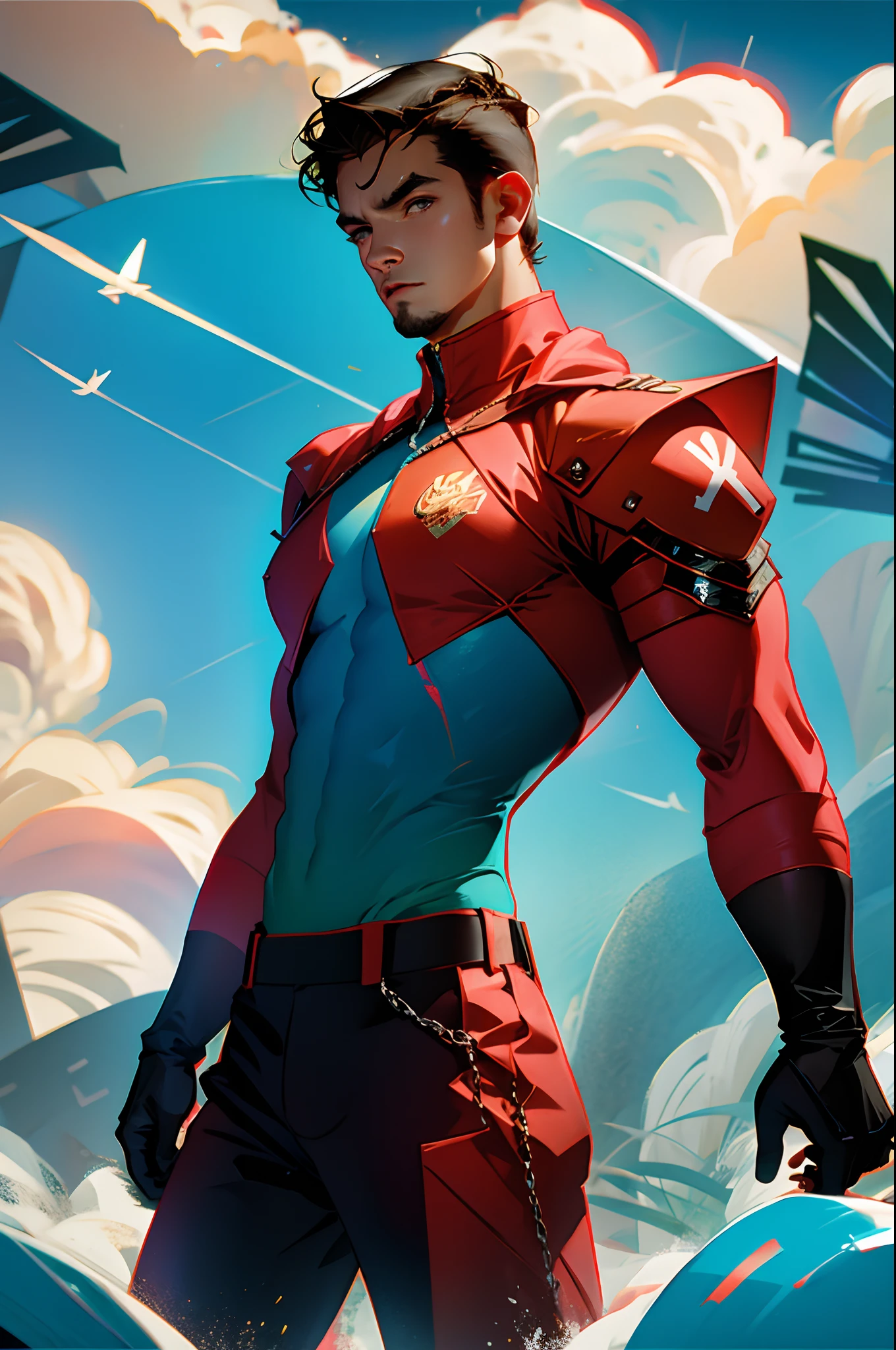 score_9, score_8_up, score_7_up, clover \(totally spies\), blonde hair, short hair, blue eyes, beard, red bodysuit, belt, 1boy, solo, male focus, mature male, looking at viewer, cowboy shot, standing, outdoors, city, building 