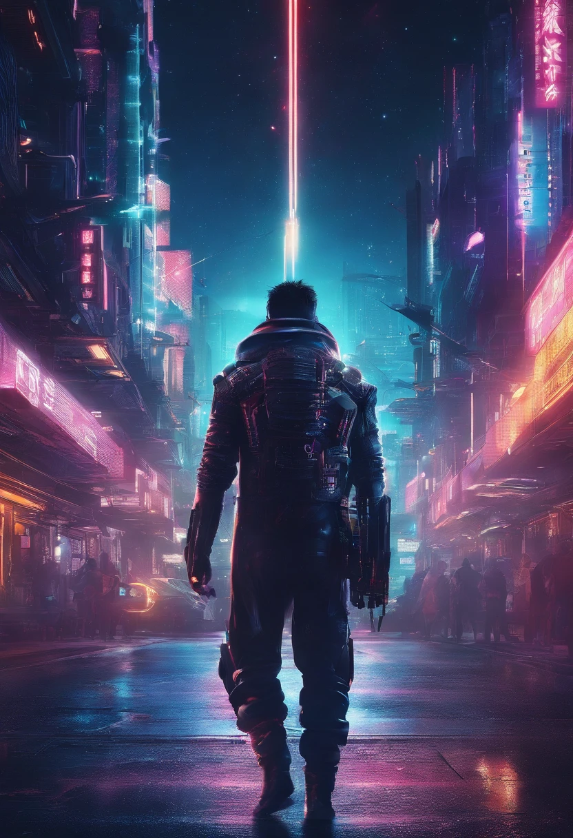 Man walking on the road at night, cyberpunk blade runner art, in the cyberpunk city, cyberpunk street, cyberpunk art style, futuristic street, cyberpunk themed art, Detailed Neon Cyberpunk City, Cyberpunk in Cyberpunk City, Cyberpunk dream landscape, in a futuristic cyberpunk city, Cyberpunk City, cyberpunk city street, busy cyberpunk metropolis, futuristic city street, cyberpunk vibe