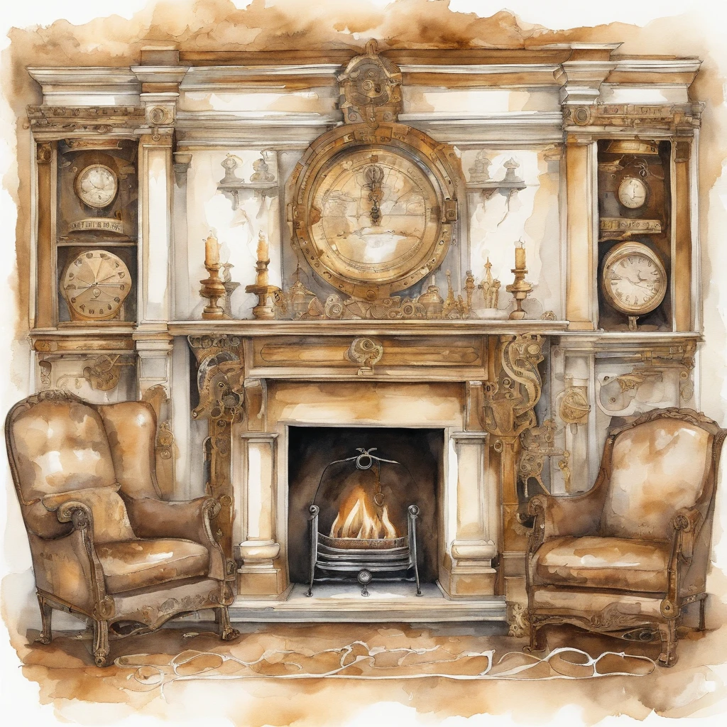 Watercolor Christmas fireplace white beige gold series. white background