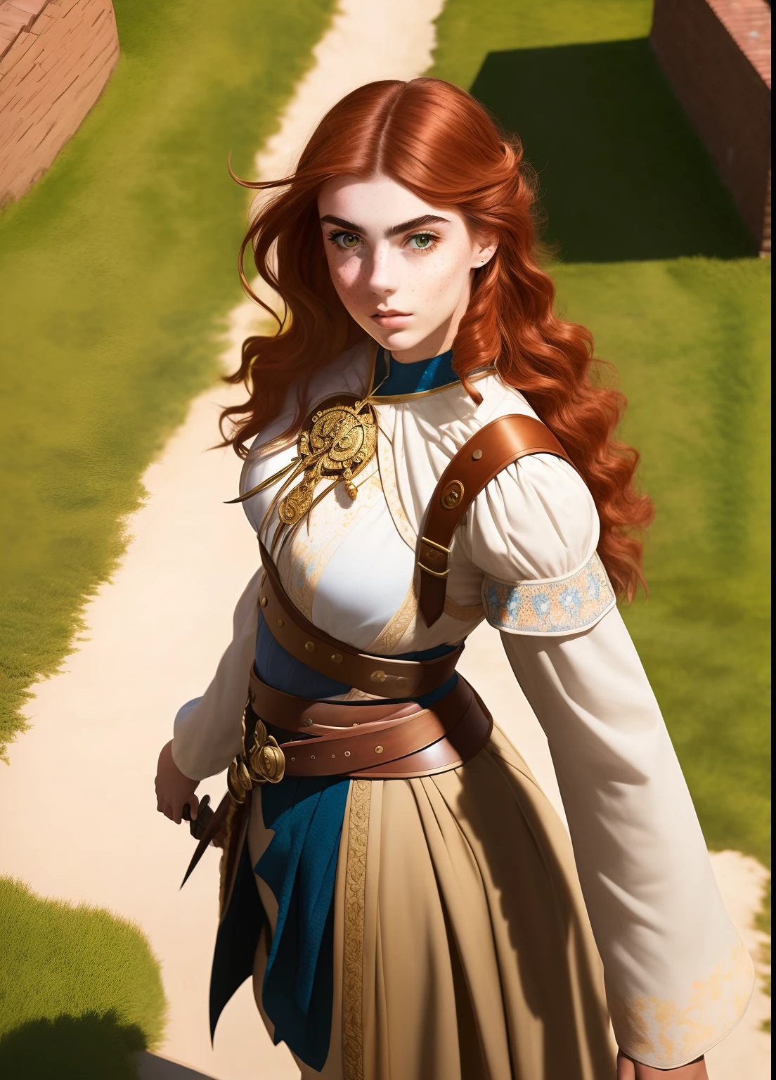 (modelshoot style), (from_above:1.3), (hand_on_hip:1.2), Yael Shelbia as warrior girl (with freckles face), fantasy, Evaline Ness, pre - raphaelite, a character portrait, magical realism, art by artgerm and greg rutkowski and magali villeneuve, (mdjrny-v4 style)