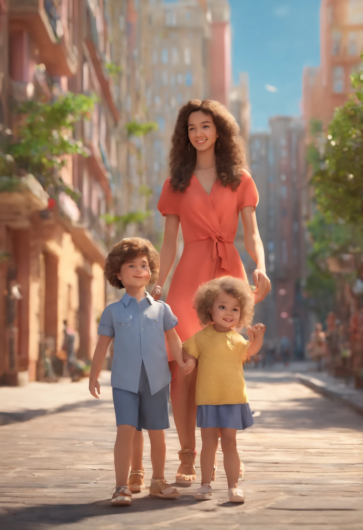 family of 4 people walking in a city.
The father is 36 years old, 1.80 m and 80 kgs with short beard and brown hair with entrances and long face.
The mother with 35 years and 1.60 m, 55 kgs of dress and brown wavy hair, oval face and high heels.
5--old l in a dress and baby 7-h-old b his fer's lap