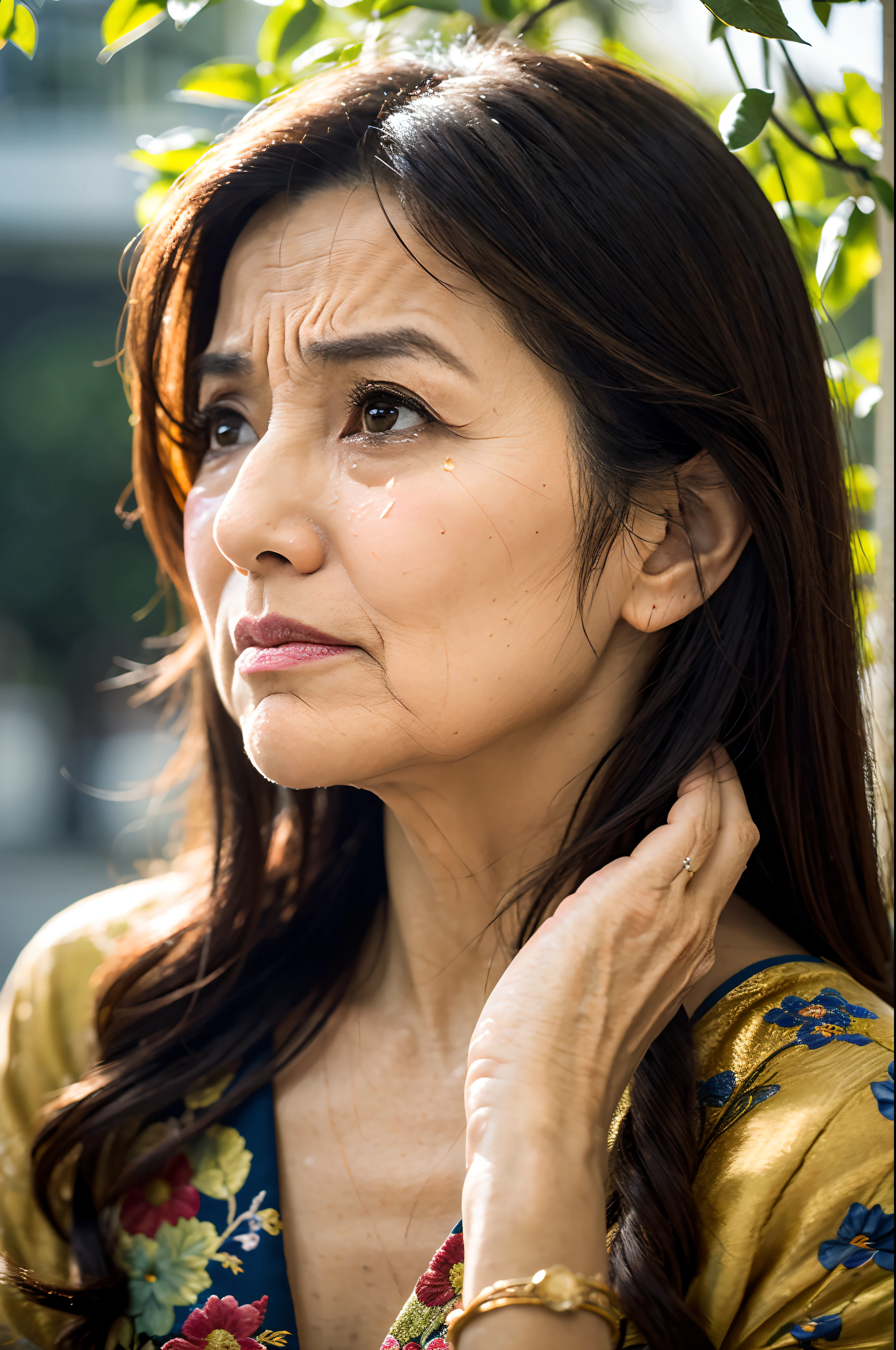 (best quality,4k,8k,highres,masterpiece:1.2),ultra-detailed,realistic:1.37,portraits,Asian woman,greay hair, white hair,elderly,old,tears,eye-catching gaze,expressive face,wrinkles,[ethereal,soft],[emotional,wistful],nostalgic color palette,subtle lighting,traditionally dressed,[traditional ornament,exquisite embroidery],natural backdrop,long hair gently blowing,colorful [floral backdrop,garden scenery],serene expression,carefully painted wrinkles,weathered skin,delicate eyes,long eyelashes,strong,relatable emotions,deep sorrow,highly detailed tears, crying gracefully falling,heartfelt emotions,rich texture,layered brushwork,gentle brushstrokes,wise and experienced,aging beauty,inner strength,quiet resilience