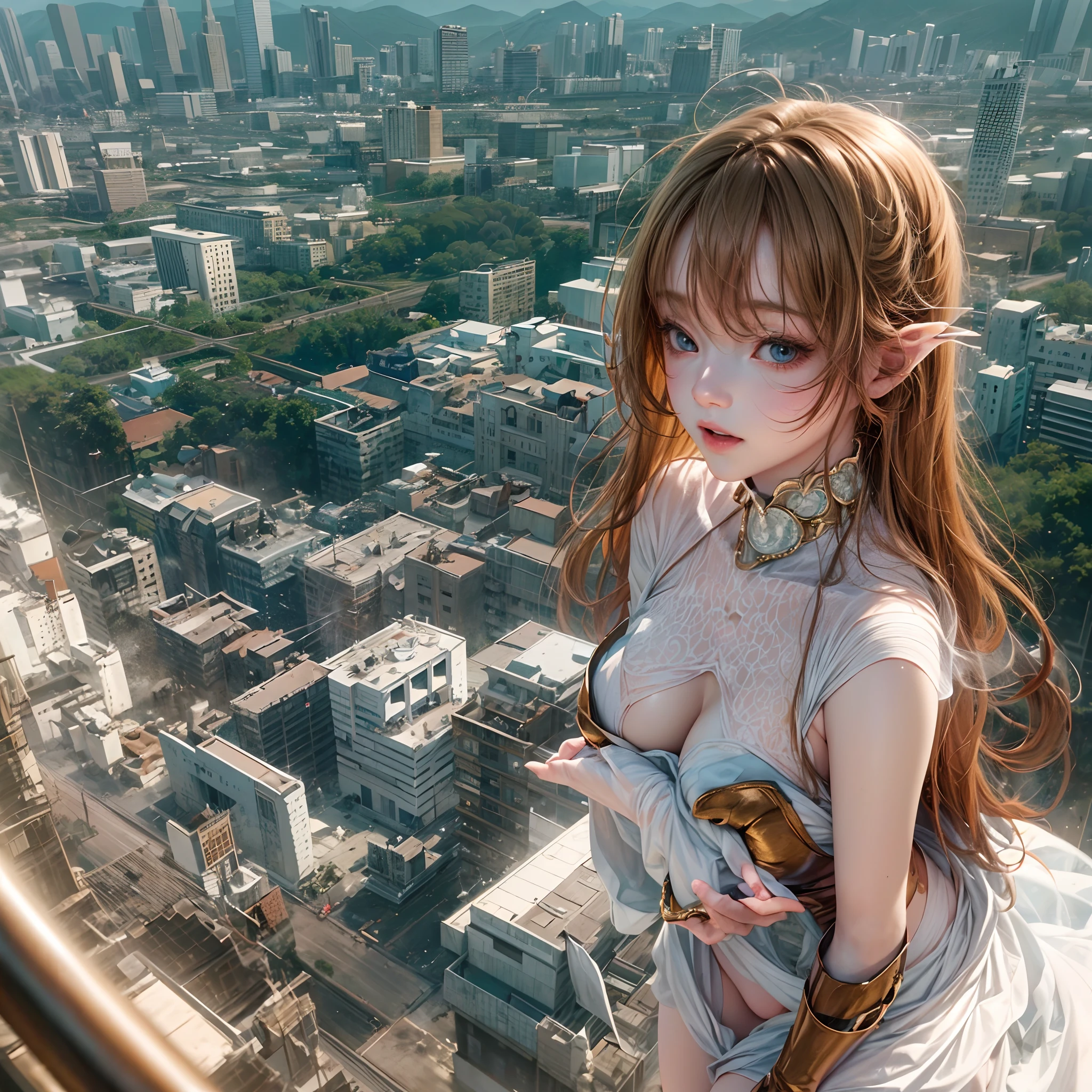 (SFW, NSFW_STILL_SHOW), Oppai-Loli、((wide-angle, Flying Magic、Floating hair、Floating in the air, Curved horizon, Overlooking a city eroded by the jungle,Above the city)), { (Mystic sight)| best quality | 8k | clear |focused } (Masterpiece:1.2, photo-realistic:1.37)、{ Soft Lighting with many Follow lights | smooth shading }、(Detailed KAWAII Face)、{(Childish)|(Gigantic Cleavage)}、{ ((facing back))| ((Full Body:1.2)) | ((Ass focus)) }、Detailed open crotch、(Detailed glistening ivory skin)、extremely detailed, { Naked bandage | Transparent Veil | Red Leather High Collar | Red Long Boots | rubber sole | Random hair color }, { correct legs | correct hand | correct fingers | feminine hands | perfect anatomy | no missing limbs | no extra limbs }, ((rubber sole)),