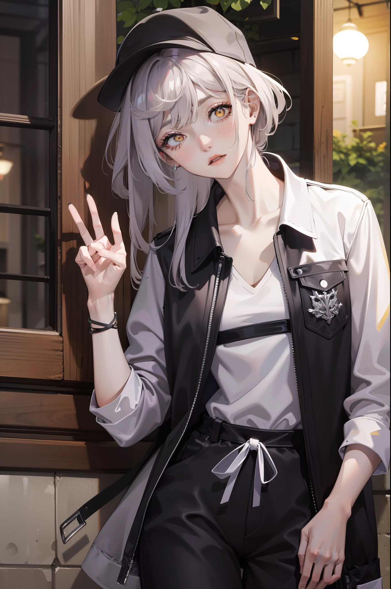 medium shot, medium shot, Depth-of-field, bust, Upper body, cinematic angle, 巨作, Best Quality, A highly detailed, cg, 8k wallpaper, beautifull face, delicate eyes, virgin, 独奏, long white hair, Yellow eyes, hairpin, white shirt, Black hooded jacket, black baseball cap, Black Socks, Black above-the-knee shoes, Sunset, Medieval port, Port, Detailed water surface, Reflection of the sun