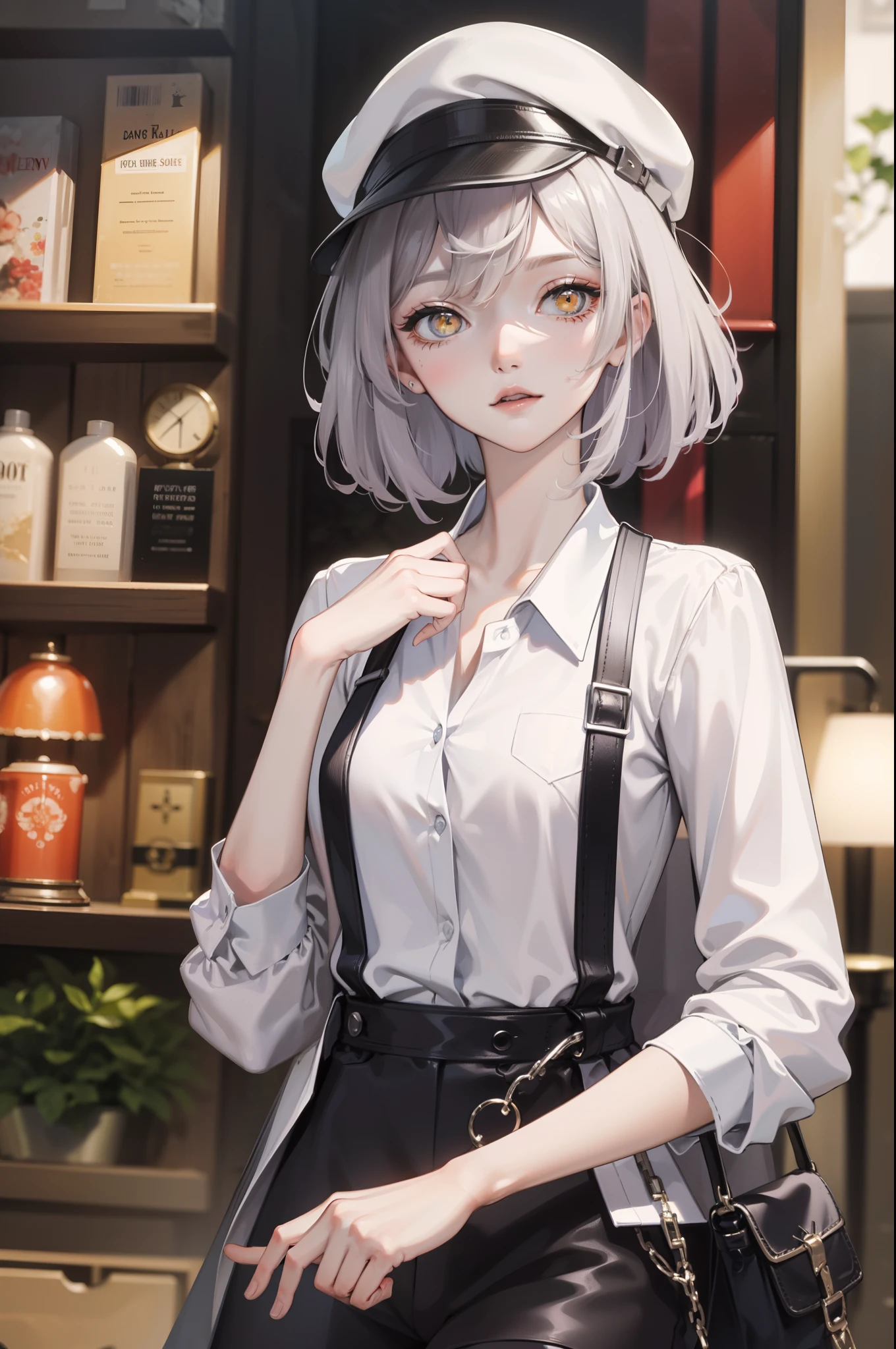 medium shot, medium shot, Depth-of-field, bust, Upper body, cinematic angle, 巨作, Best Quality, A highly detailed, cg, 8k wallpaper, beautifull face, delicate eyes, virgin, 独奏, long white hair, Yellow eyes, hairpin, white shirt, Black hooded jacket, black baseball cap, Black Socks, Black above-the-knee shoes, Sunset, Medieval port, Port, Detailed water surface, Reflection of the sun