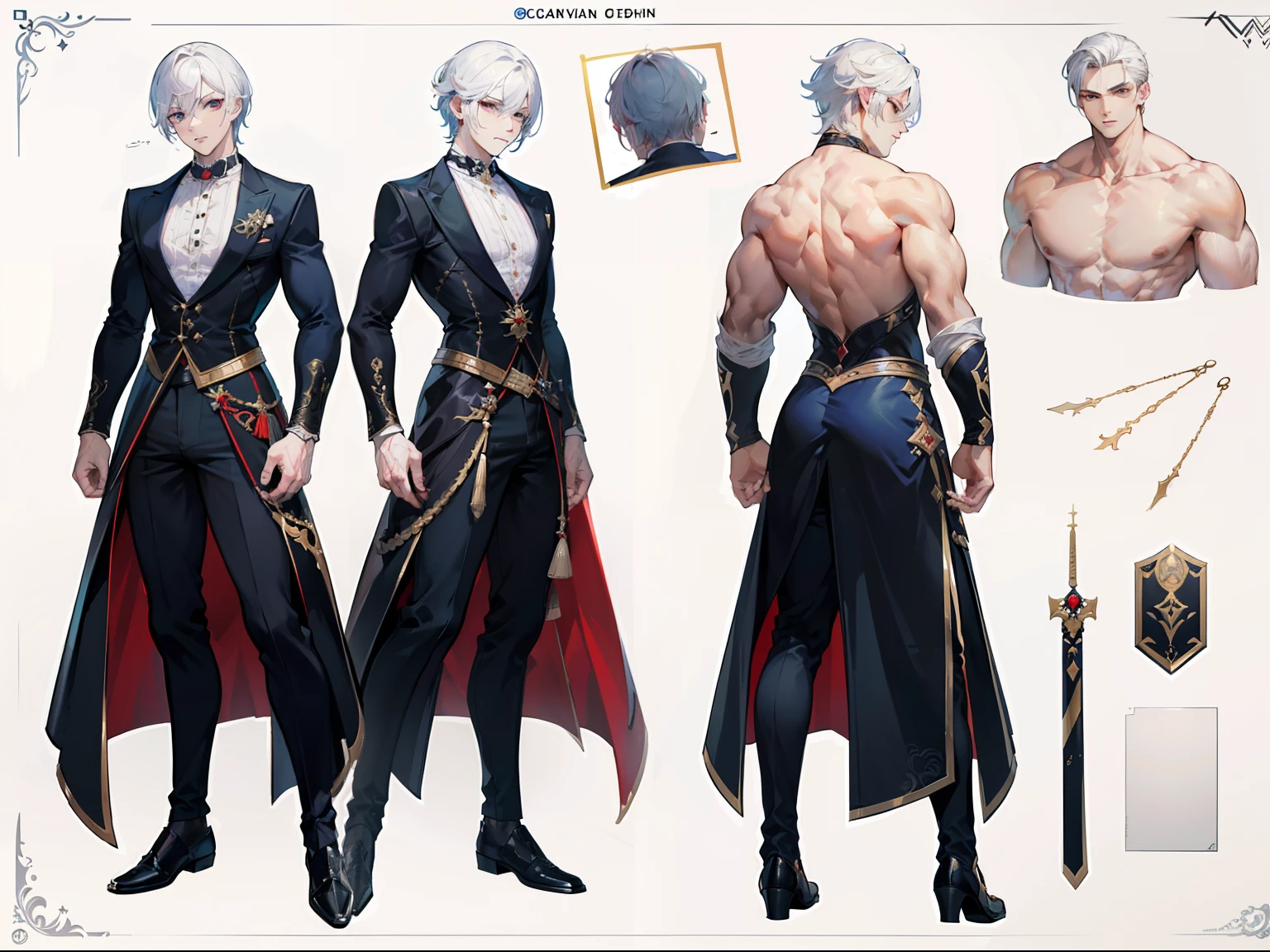 ((Masterpiece, Highest quality)), Male, boy, Detailed face, character design sheet,full body esbian, Full of details, frontal body view, back body view, Highly detailed, Depth, Many parts, Muscle boy with white hair,handsome man, vampire outfit clothes, Genshin Impact, man tall, pectoral muscles, abs