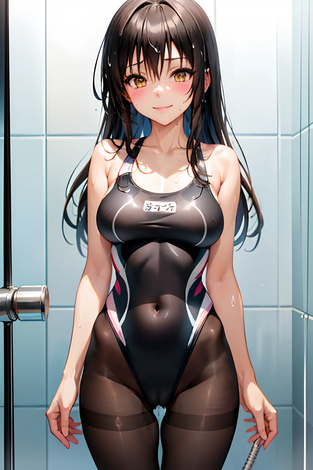 Best Quality, masutepiece, Portrait, , 1girl in, Kotegawa Yui, Black hair, Long hair, Long bangs, Brown eyes, medium udder, ((Shower room)), Looking at Viewer, Smile,Photo from below、((Competitive swimsuit))、((pantyhose))、((Whole body gets wet))