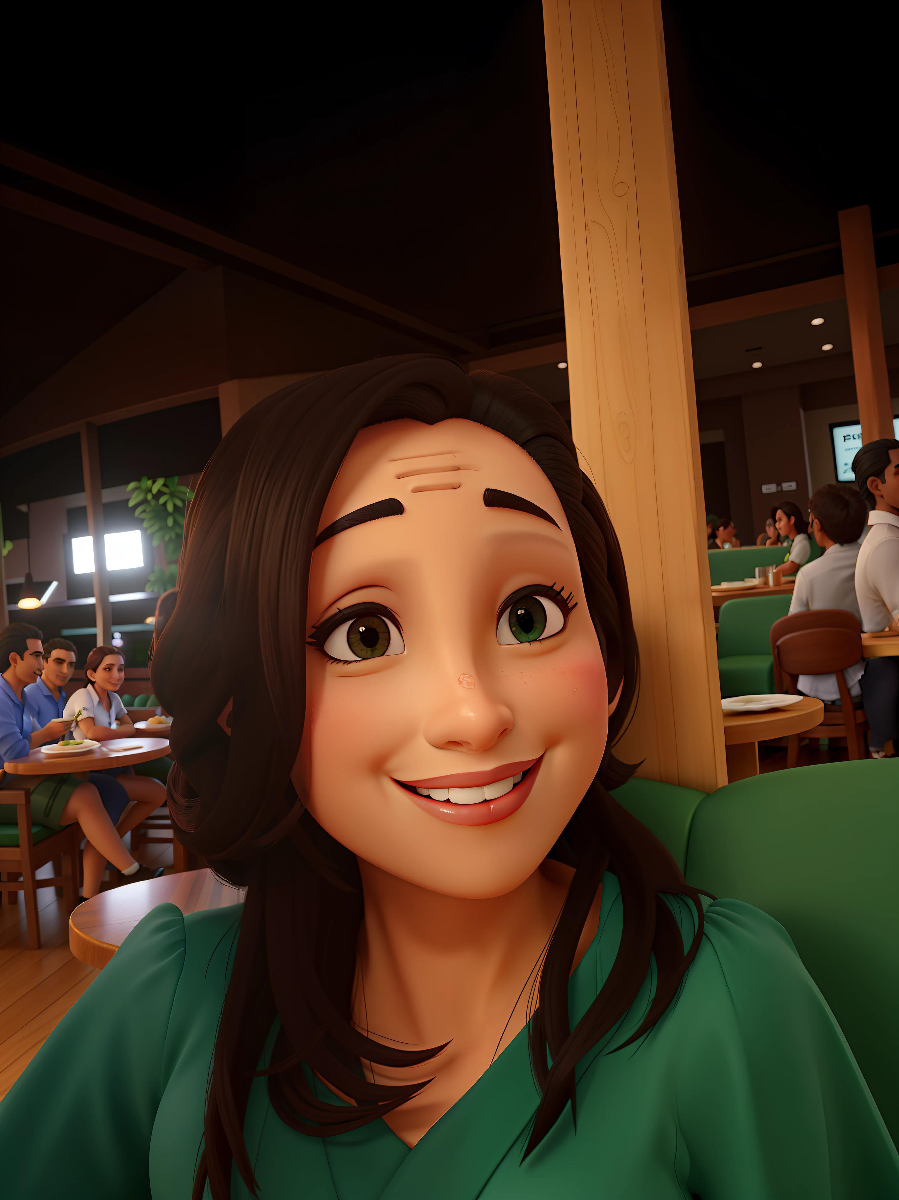 Mulher em um restaurante, de cor castanho escuro olhos e pele sorriso radiante.imagem pixer