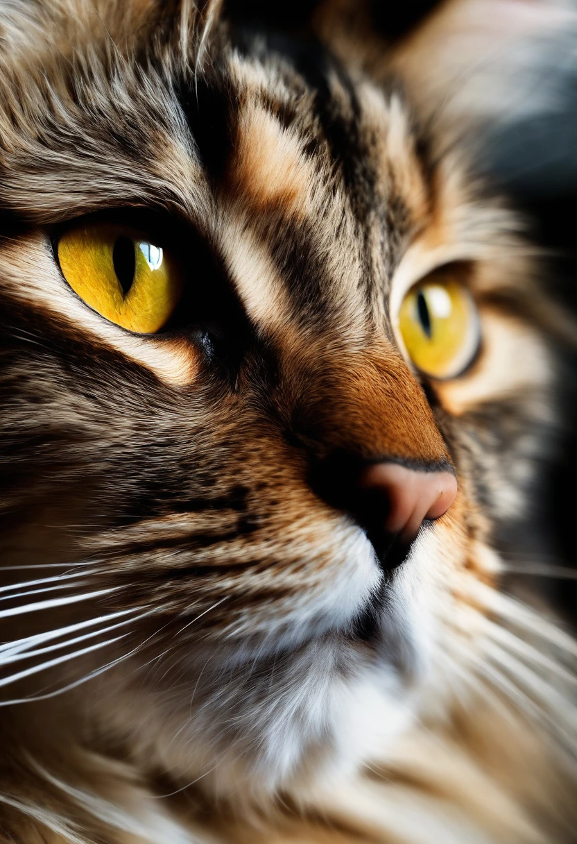seekor kucing Maine Coon ( perut gendut) yang mengenakan kacamata, sedang bermain ponsel dan tidur di lantai