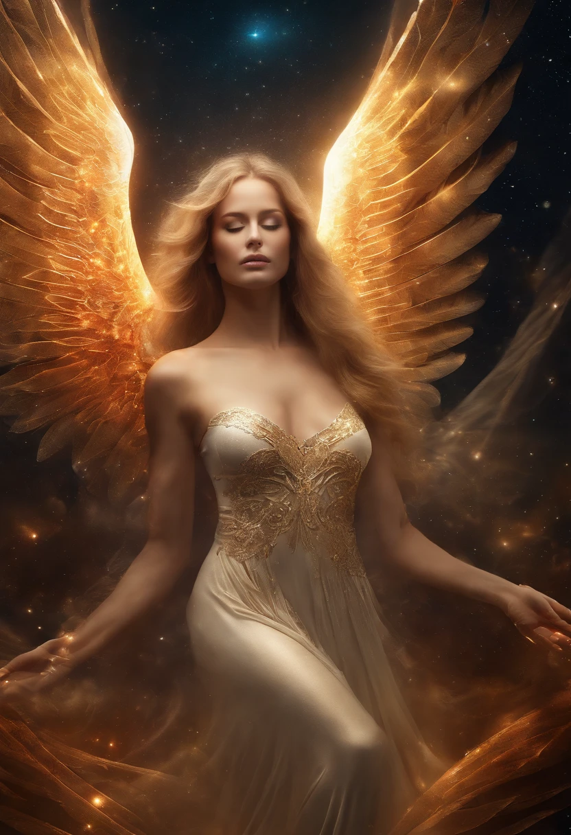 cosmic fallen angel, olhos claros brilhantes, Biomechanicals, estranho, assustador, Pesadelo, cores muito brilhantes, light particles, com luz brilhante, Mshiff, Arte do papel de parede, Papel de parede UHD