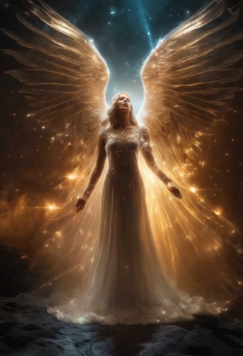 cosmic fallen angel, olhos claros brilhantes, Biomechanicals, estranho, assustador, Pesadelo, cores muito brilhantes, light particles, com luz brilhante, Mshiff, Arte do papel de parede, Papel de parede UHD