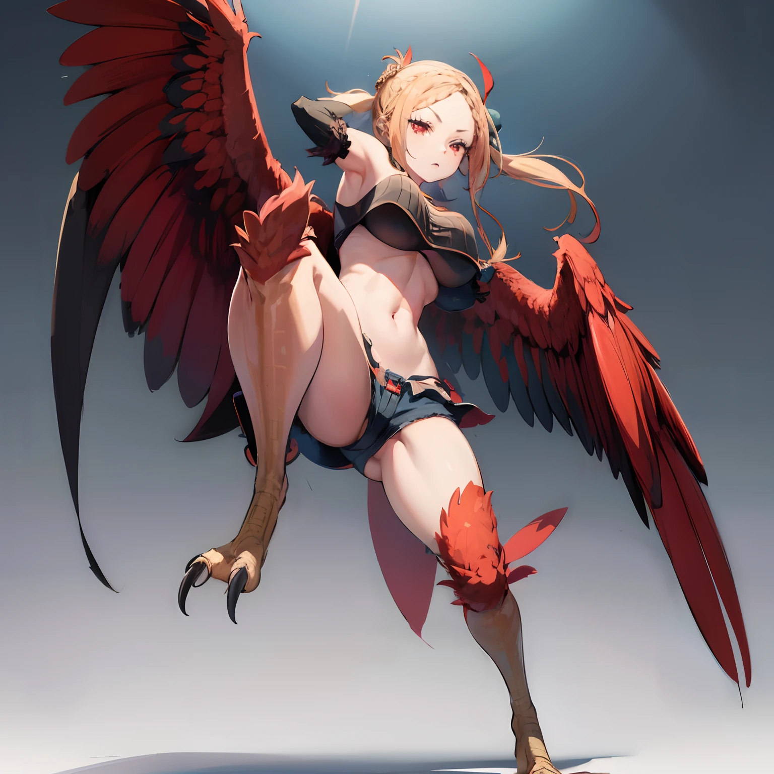 beautiful, masterpiece, best quality, extremely detailed face, perfect lighting, harpy, hmpris, long hair, braided bangs, low ponytail, 1girl, short shorts, crop top, large breasts, full body shot, red eyes