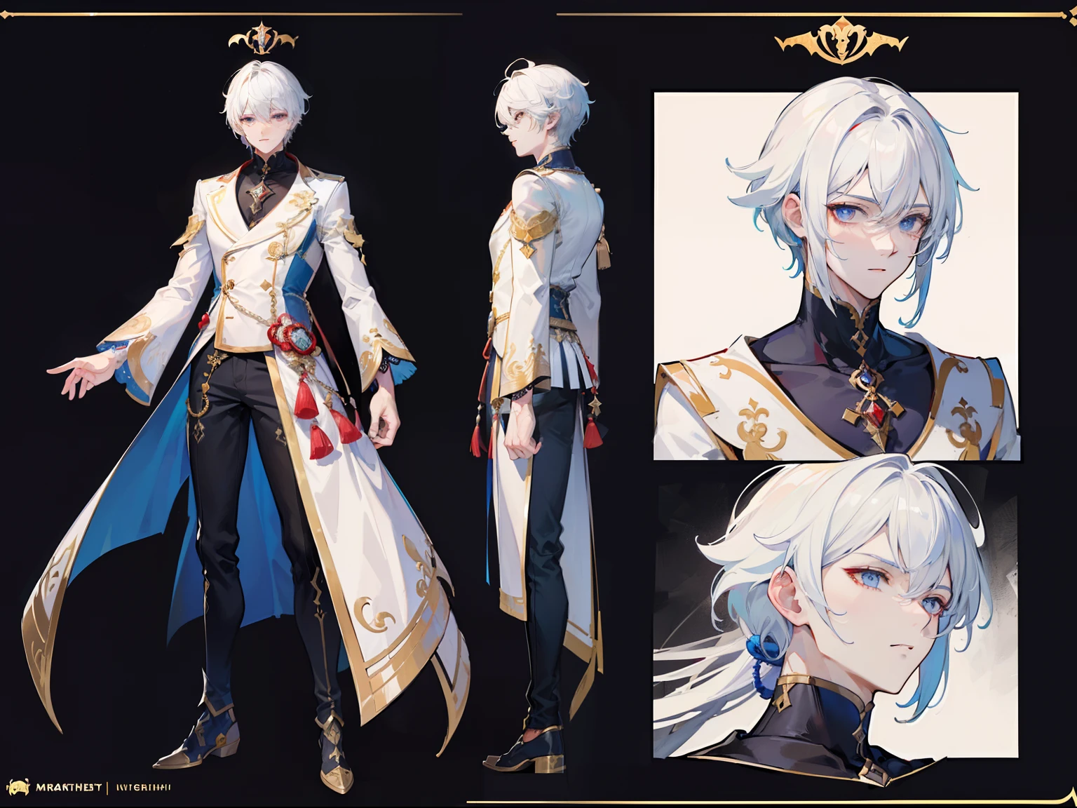 ((Masterpiece, Highest quality)), Male, boy, Detailed face, character design sheet, full bodyesbian, Full of details, frontal body view, back body view, Highly detailed, Depth, Many parts, Muscle boy with white hair,handsome man, vampire outfit clothes, man tall