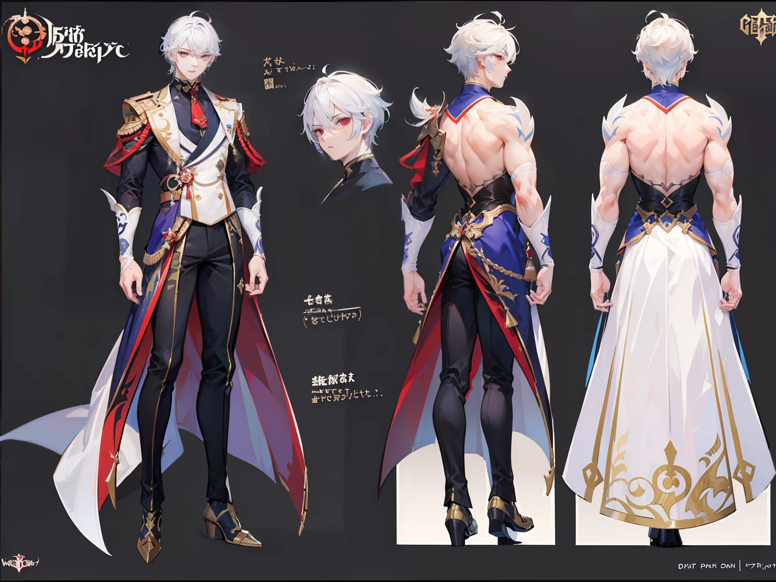 ((Masterpiece, Highest quality)), Male, boy, Detailed face, character design sheet,full body esbian, Full of details, frontal body view, back body view, Highly detailed, Depth, Many parts, Muscle boy with white hair,handsome man, vampire outfit clothes, Genshin Impact, man tall, pectoral muscles, abs