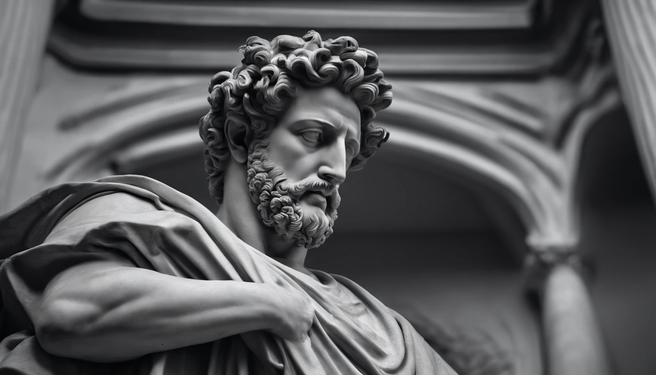a statue of the stoic Marcus Aurelius in black and white 4K,Face de lado, papel de parede super realista, corpo forte, sem camisa, tronco forte