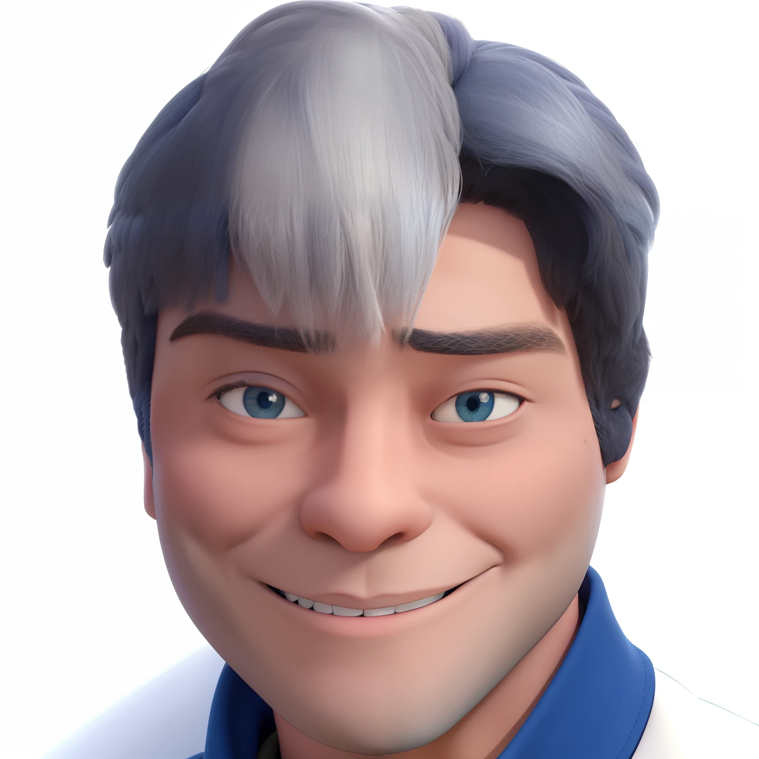 homem sorridente com cabelos grisalhos e camisa azul