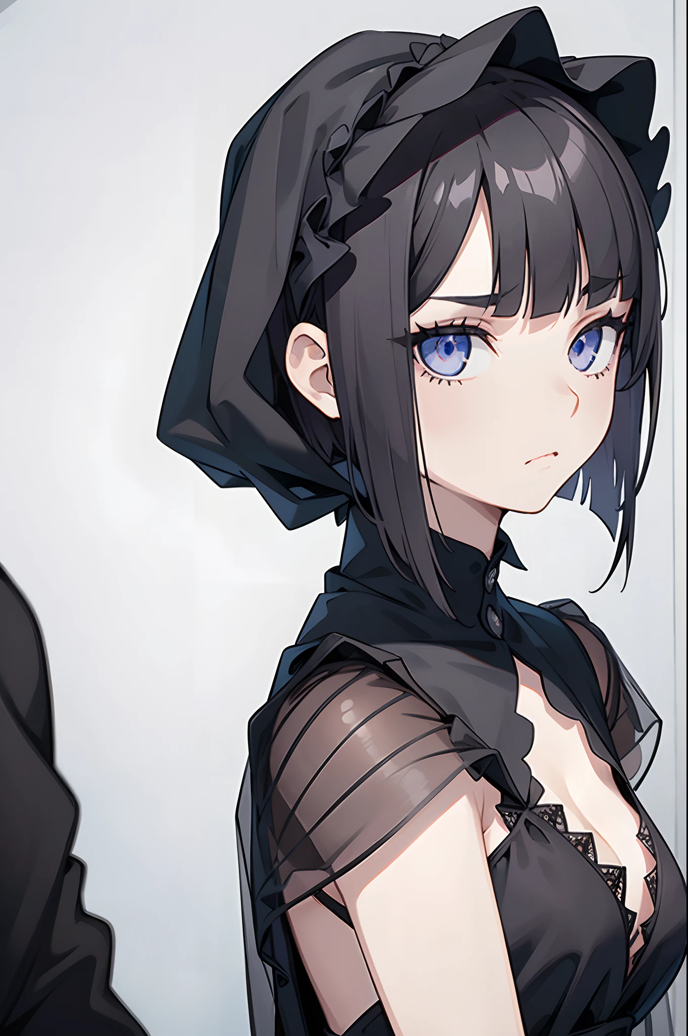 one girl, dark gothic dress, black transparent veil, (sick face), (solid eyes), (blank stare), (dark eyeshadow), black short bob hair.