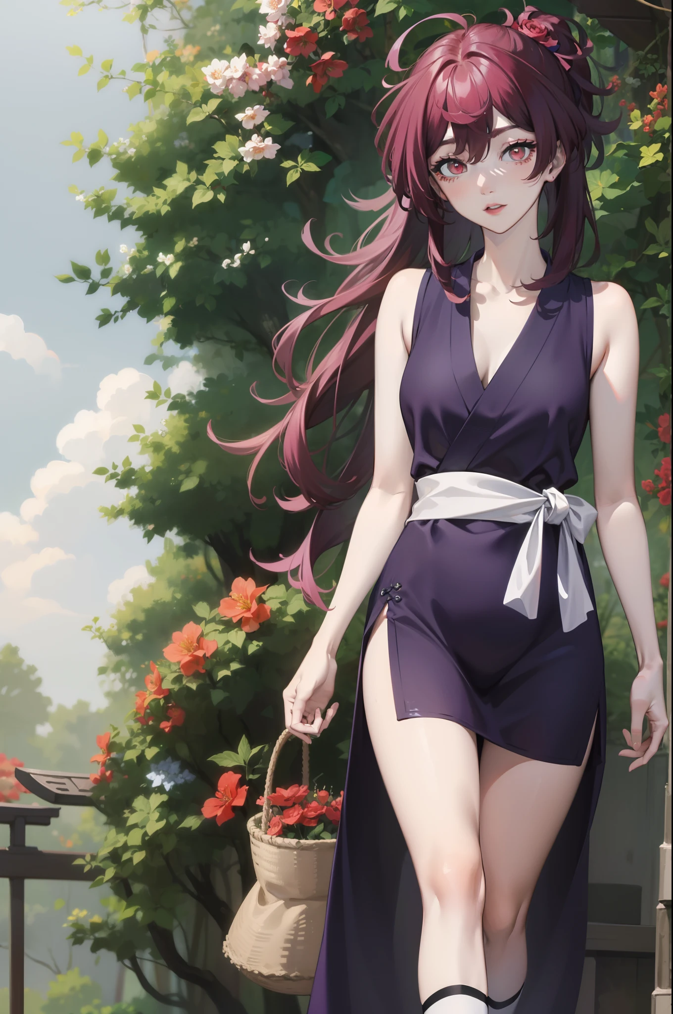 Anime girl in a red and black dress with red flowers in her hair, Guweiz style artwork, guweiz, Chinese girl, trending on cgstation, cute anime waifu in pretty dress, guweiz on pixiv artstation, palace , Girl in Hanfu, beautiful digital artwork, guweiz on artstation pixiv