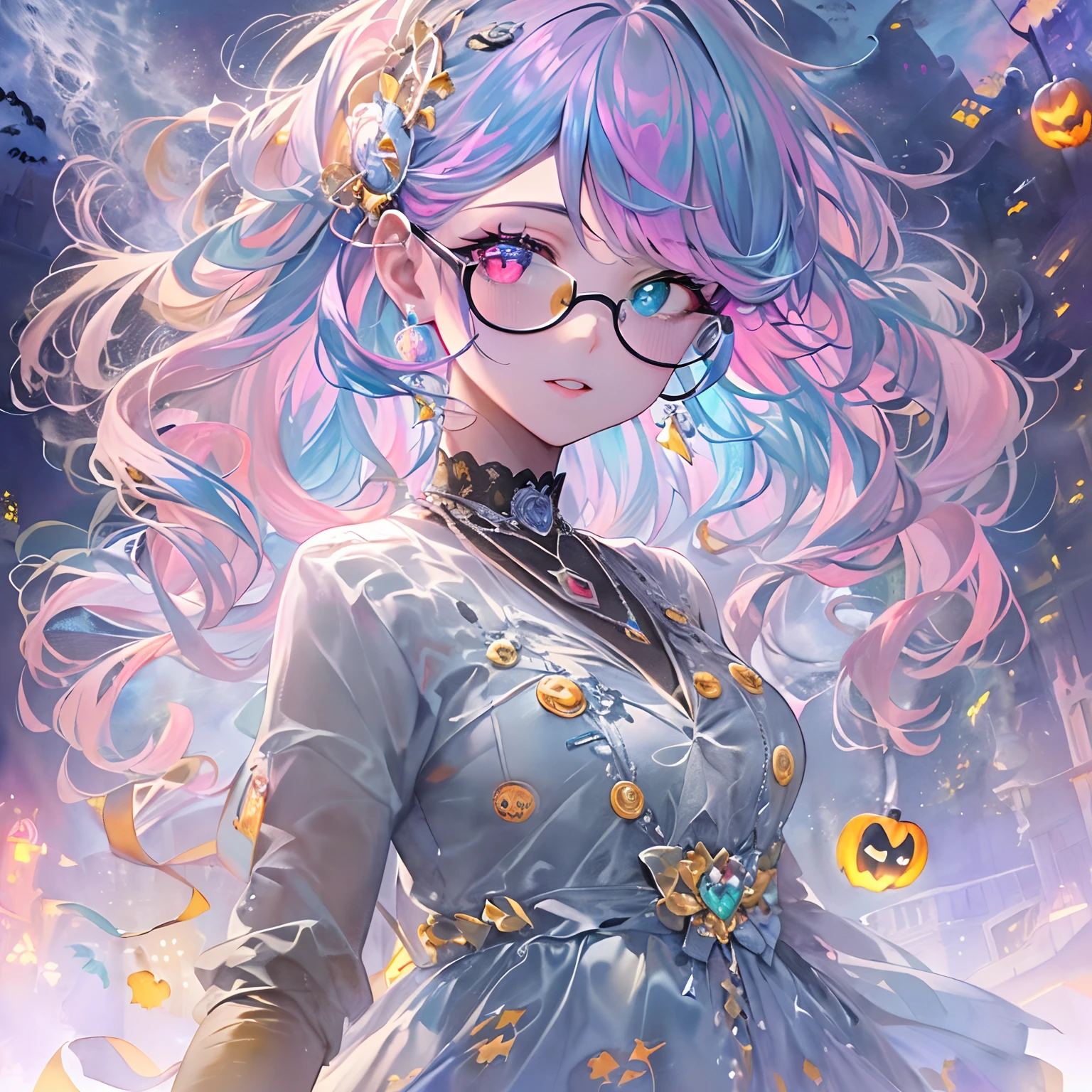 ((masterpiece、top-quality、Watercolor art(Pendants)、Official art、Beautifully Aesthetic:1.2))、(1girl in:1.3)、(Fractal Art:1.3)、full body Esbian、((Glitter pupils))、patterns、((rainbow-colored hair、colourful hair、Half blue and half pink hair:1.2))、colourfull、(Silver-rimmed glasses)、Writing、(heterochromia iridis:1.5)、(colourfull:1.5)、((Shy face))、one piece dress、(Standing)、(Hyper-detailing), ((delicate detail)), (intricate detailes), ((ciinematic light, best quality backlight)), highcontrast, ((The best lighting, extremely delicate and beautiful)), ((ciinematic light))、(ray trace reflection、brilliance)、((glowing aura))、((Radiant hair))、((The ultra-detailliert))、((8K)),(((Halloween:1.2))),(natta:1.5)