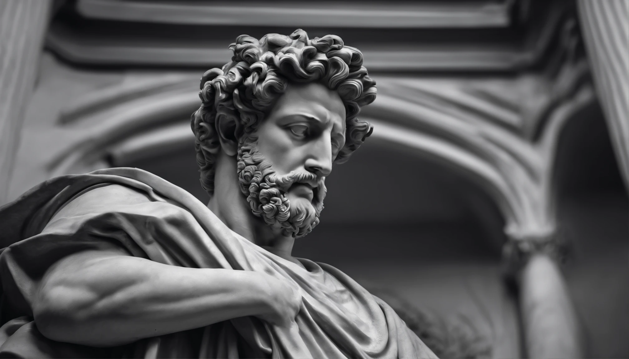 a statue of the stoic Marcus Aurelius in black and white 4K,Face de lado, papel de parede super realista, corpo forte, sem camisa, tronco forte