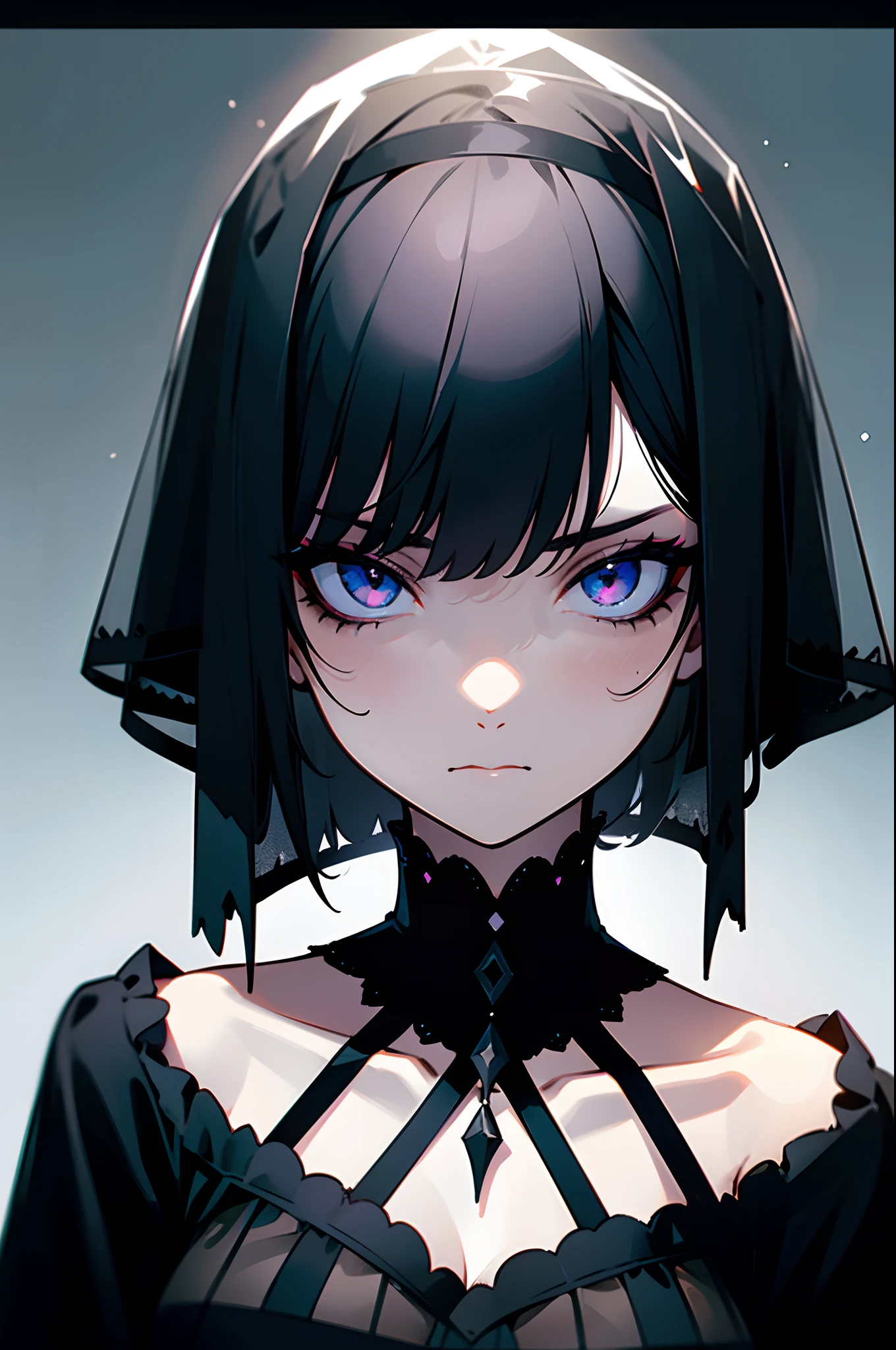 one girl, dark gothic dress, black transparent veil, sick face, solid eyes, blank stare, dark eyeshadow, black short bob hair.
