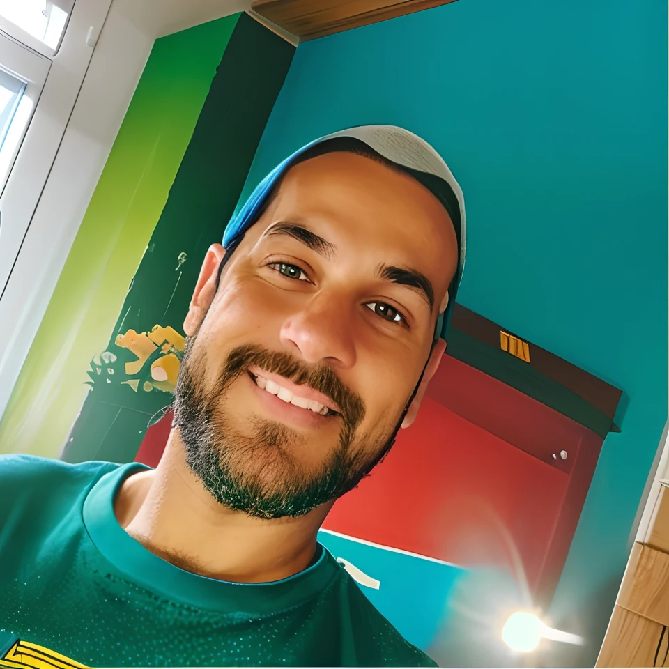 Um homem, camiseta azul,barba e cabelo grisalho,olho verde,estilo Disney pixar alta qualidade, melhor qualidade