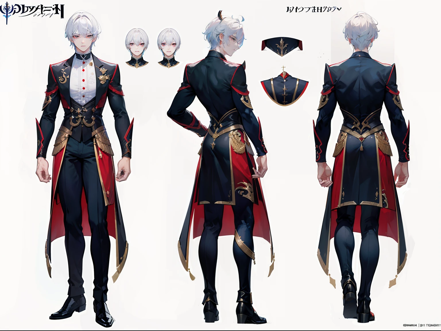 ((masterpiece)),(((best quality))),(character design sheet,same character,front,side,back), Reference sheet of a cute boy, short white hair, red eyes, smiling, black sailor outfit with short shorts, red rose as accessory, detailed face, detailed hair, (simple background, white background: 1.3)