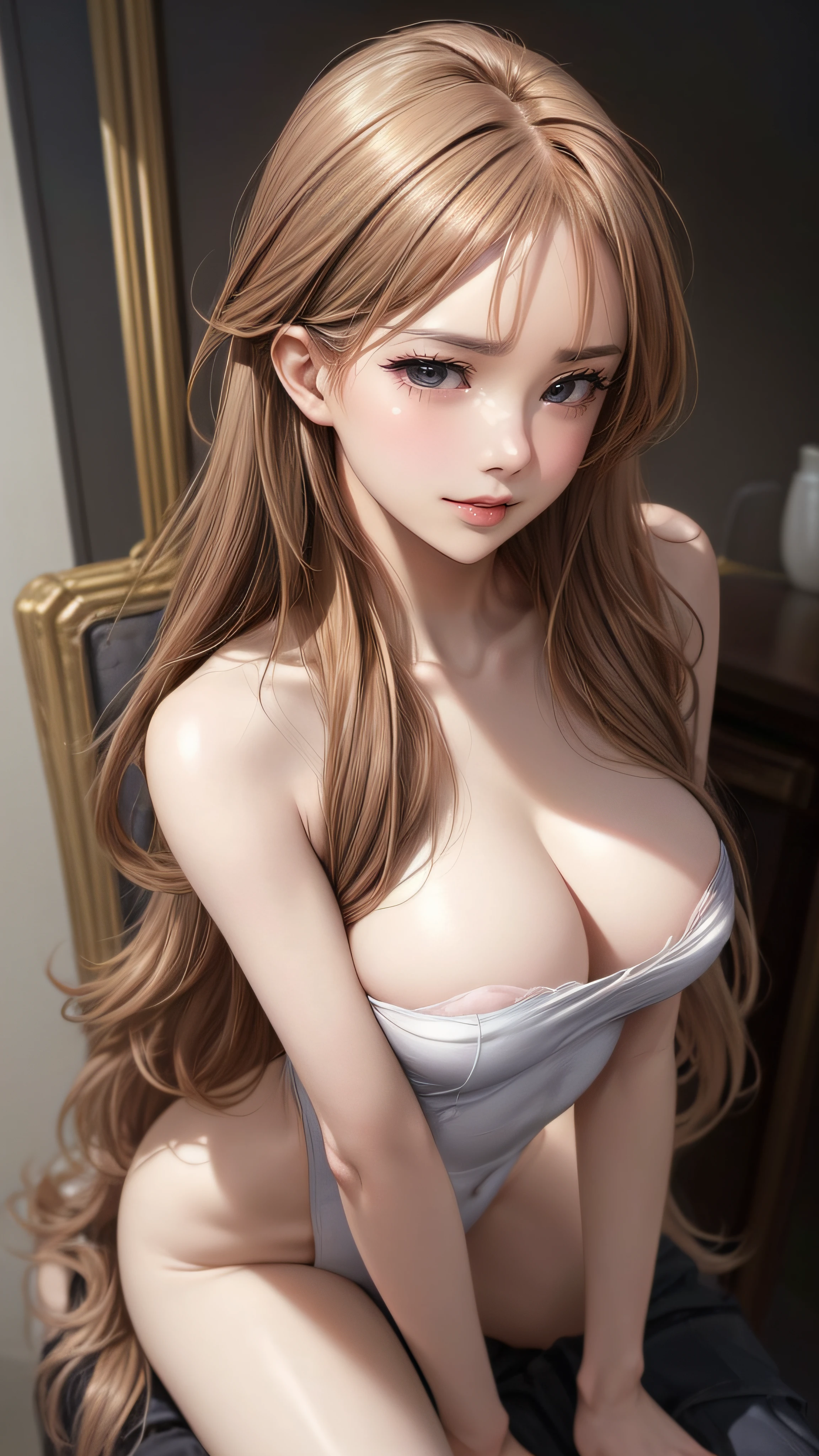 (Close-up),(1girl,ultra detailed skin,beautiful breasts,large breasts,pale skin,pointy breasts,erect nipples),((Hyperrealist portrait:1.5),(8k),ultra-realistic,high detail,high resolution,best quality,masterpiece,Sense of presence,Dynamic,bold),(thin and soft hair:1.8),straight hair,Swept long bangs,extra light coppery amber hair,hair over one eye,(clothed,school uniform)