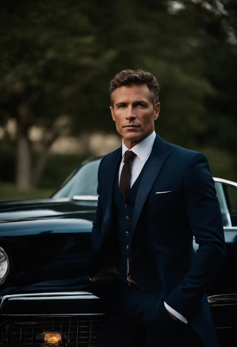 corps entier, wide-angle photo close-up portrait of the body of a handsome man , Grand et en forme, (40 ans:1.1), (shaven:1.2) , (very short brown hair and a little curly:1.5),(very short hair:1.6). (Tight suit in dark blue velvet:1.3). (posing outside the mansion with a luxury car:1.1),Cold and dark sunset at dusk, (Edge Light:1.1),(Concentrez-vous sur les yeux), (Regard fier), (hard light on the skin:1.2), (ombres dures, dark themed, Contraste profond:1.1), (photographie de portrait par Annie Liebovitz), Dark mint theme and choral aesthetics, (skin imperfections)
