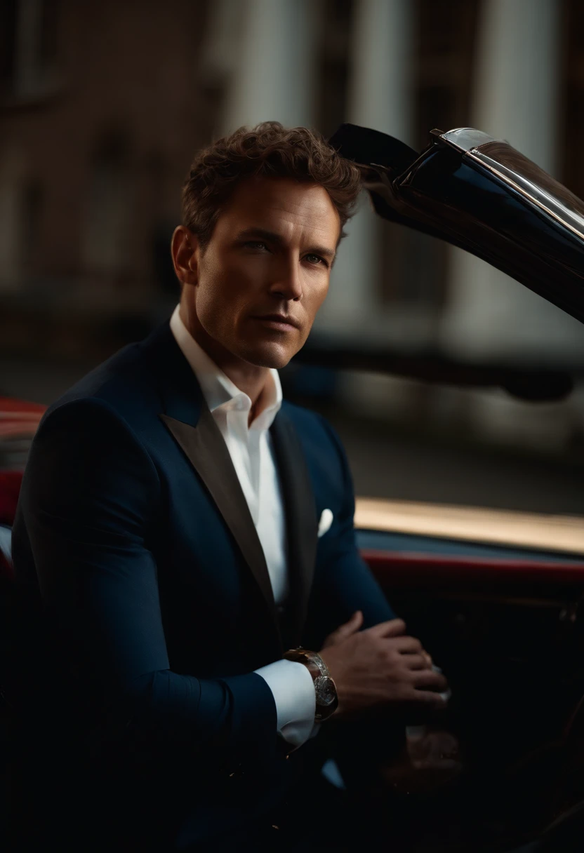 corps entier, wide-angle photo close-up portrait of the body of a handsome man , Grand et en forme, (40 ans:1.1), (shaven:1.2) , (very short brown hair and a little curly:1.5),(very short hair:1.6). (Tight suit in dark blue velvet:1.3). (posing outside the mansion with a luxury car:1.1),Cold and dark sunset at dusk, (Edge Light:1.1),(Concentrez-vous sur les yeux), (Regard fier), (hard light on the skin:1.2), (ombres dures, dark themed, Contraste profond:1.1), (photographie de portrait par Annie Liebovitz), Dark mint theme and choral aesthetics, (skin imperfections)