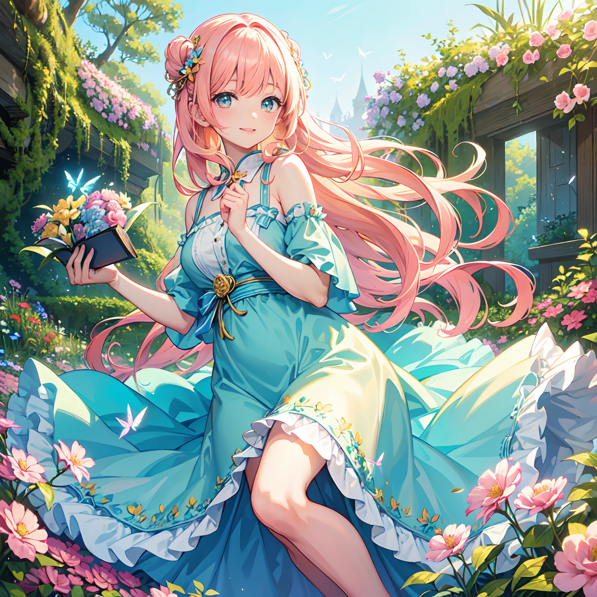 1girl, pink hair, long hair, pink eyes, beautiful eyes, smile, happy, white dress, bouquet, holding with both hands, upper body, on grassland, blue sky