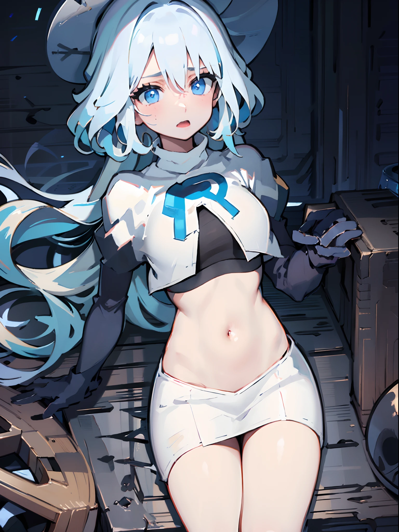 (Masterpiece, Top Quality, Best Quality, Official Art, Beauty and Aesthetics: 1.2), (Flat Color: 1.3), Very Detailed, Detailed Face and Eyes, Cinematic Light, NSFW, Anime, Depth of Field, 1 Girl, Solo, Official, White Hair, Elf Ears, Twintails, Blue Eyes, Black Eye Shadow, Medium Tits, Black Beret, Black Trenchcoat, Black Turtleneck, Sweat, Pussy