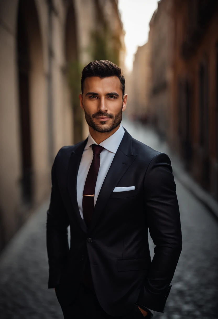 Portuguese 30yo man , dark short  hair, dark suit,confident expression,sharp jawline,vibrant skin,smiling,handsome face,standing pose,city backdrop,professional studio lighting,realistic,a Ferrari, photorealistic:1.37,portraits,vivid colors,cool tone,soft lighting