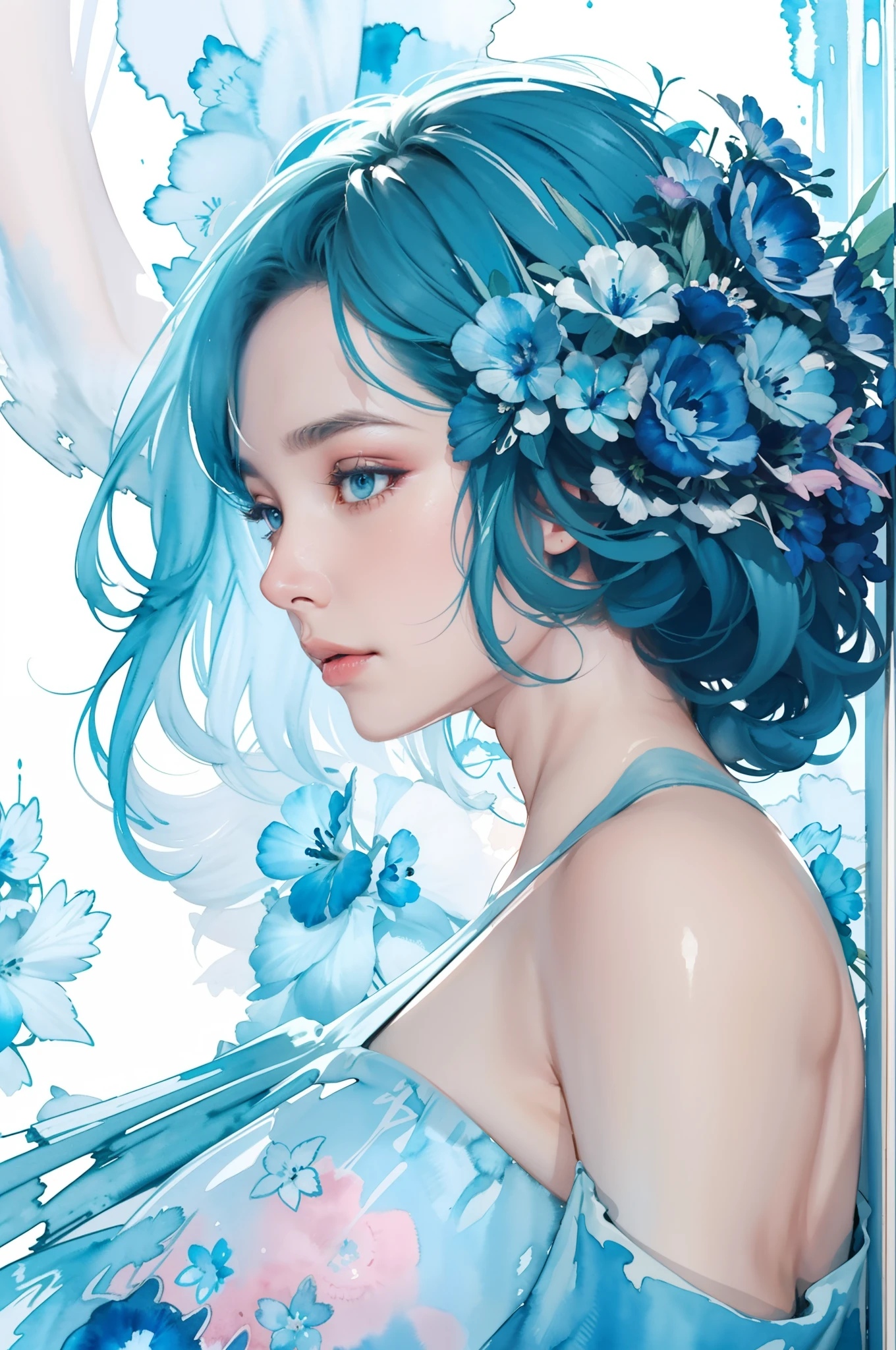 1girl,blue flower, Lisianthus ,in the style of light blue and light cobalt, dreamy and romantic compositions, pale pink, ethereal foliage, playful arrangements,fantasy, high contrast, ink strokes, explosions, over exposure, sky blue and blue tone impression , abstract, ((watercolor painting by John Berkey and Jeremy Mann )) brush strokes, negative space