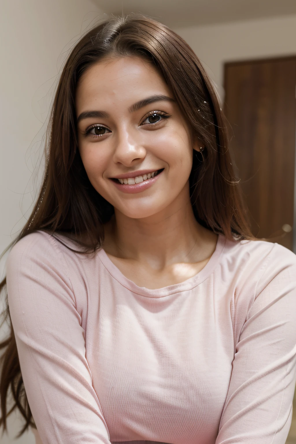 A closeup of a woman in a pink shirt with her arms crossed, mulher sorridente, mulher atraente, Mulher jovem sorridente, Foto de uma mulher, confident relaxed pose, sorriso confiante sutil, retrato profissional, young business woman, foto de perfil profissional, sorrindo confiante, Retrato de uma jovem mulher feliz, She is grinning, Cabelos longos e bonito na altura dos ombros, remove background