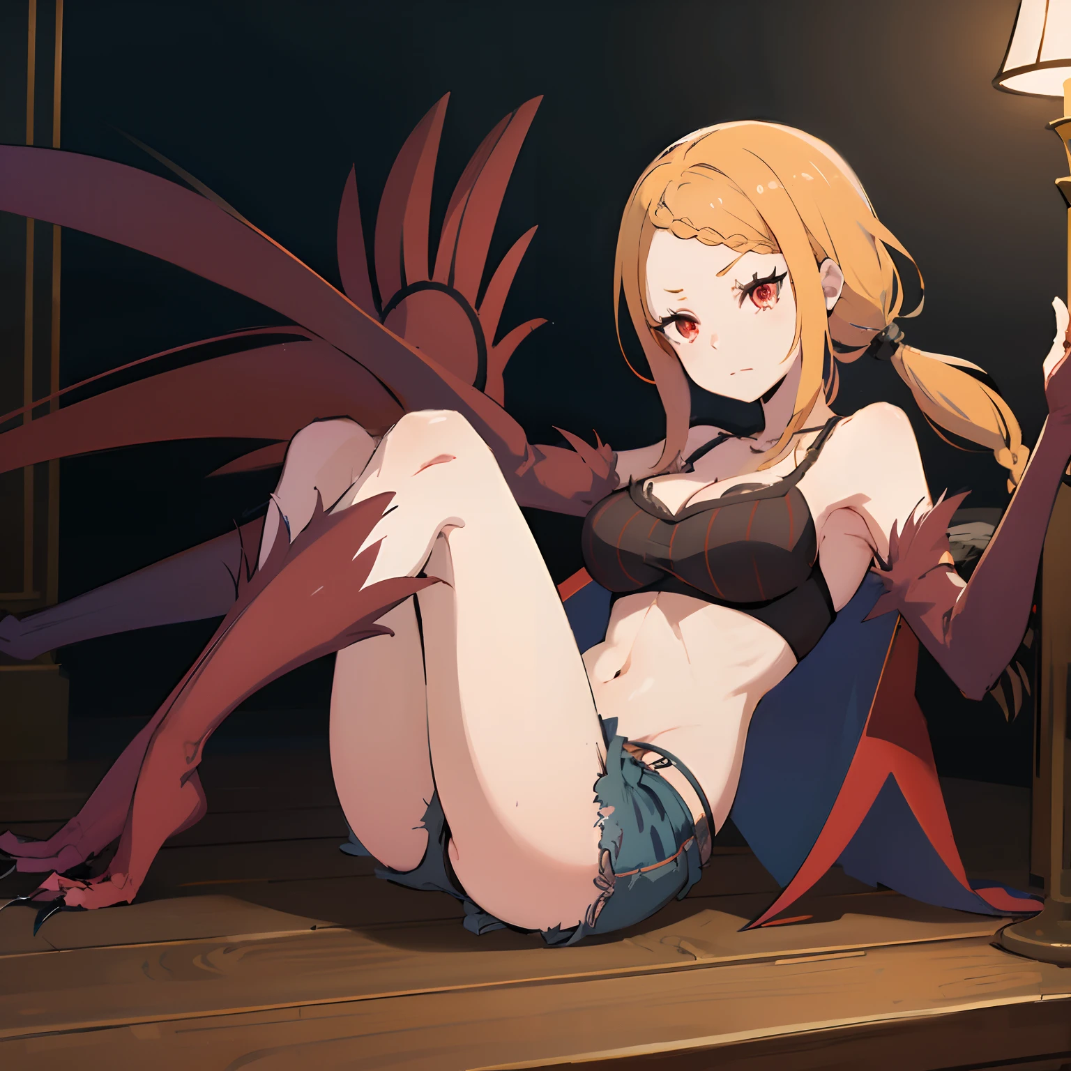 beautiful, masterpiece, best quality, extremely detailed face, perfect lighting, harpy, hmpris, long hair, braided bangs, low ponytail, 1girl, short shorts, crop top, large breasts, full body shot, red eyes