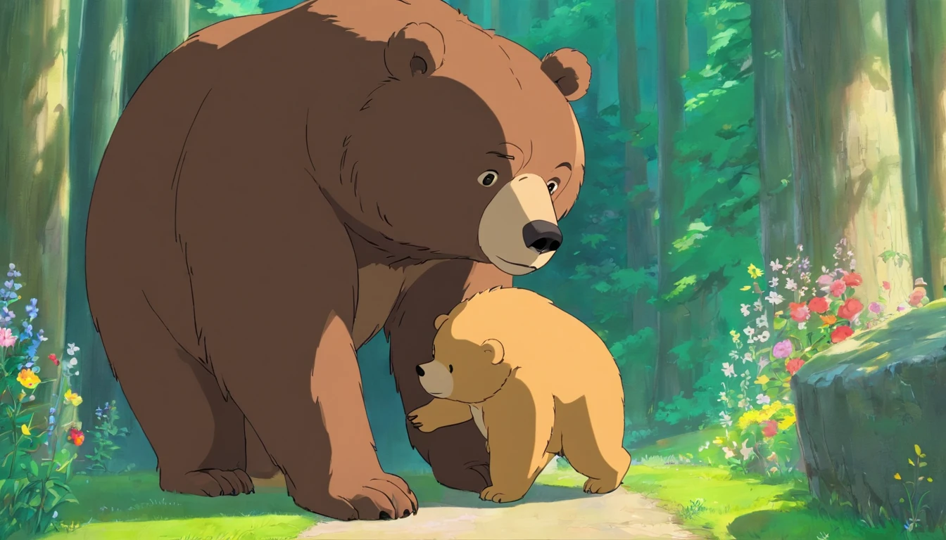 Moe wind, A brown daddy bear guiltily bends down to apologize to the brown bear, Then Bear forgave him。The picture is warm, adolable, Bright colors, Ghibli-like colours, bloom, UHD, masterpiece