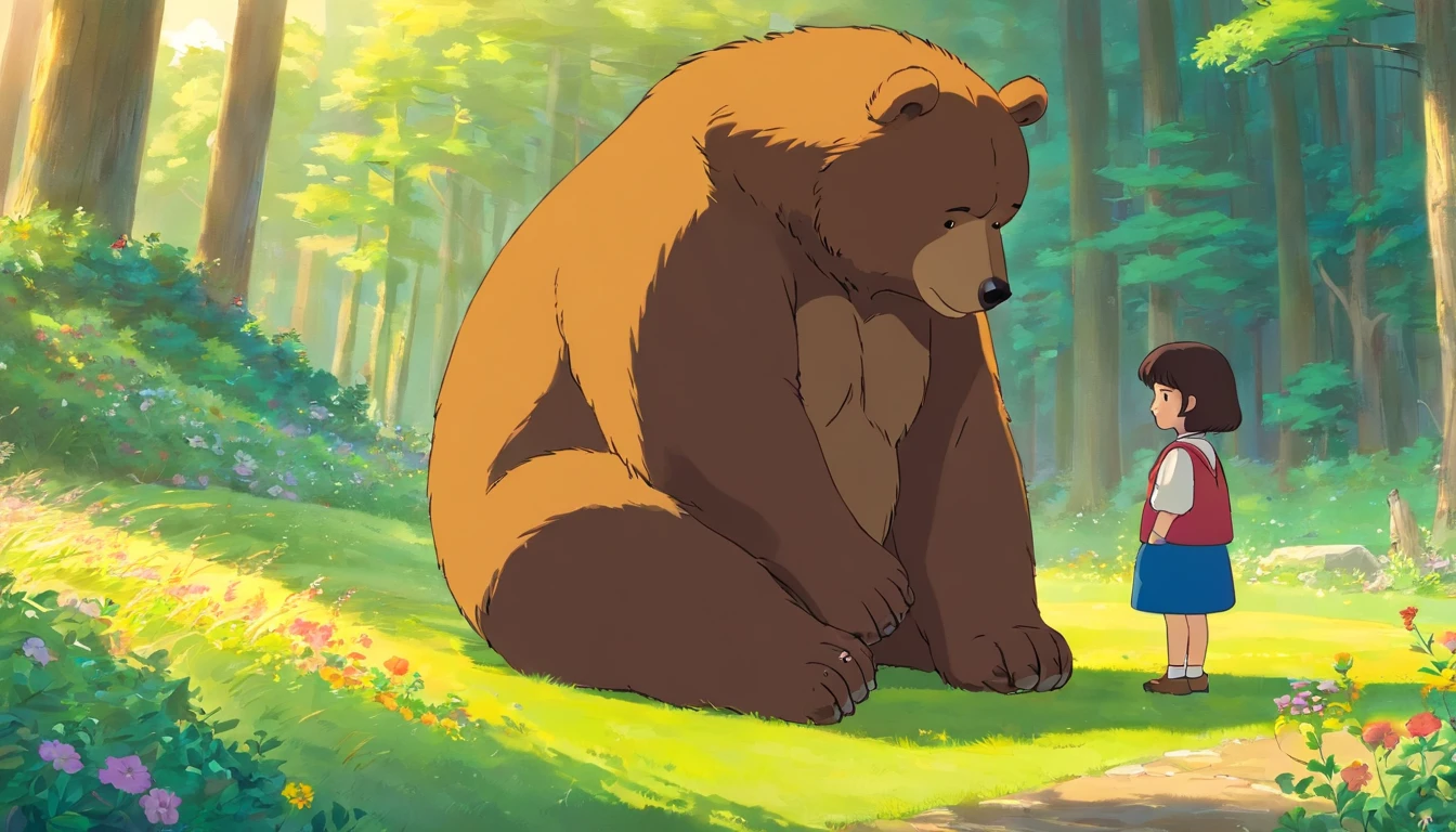 Moe wind, A brown daddy bear guiltily bends down to apologize to the brown bear, Then Bear forgave him。The picture is warm, adolable, Bright colors, Ghibli-like colours, bloom, UHD, masterpiece