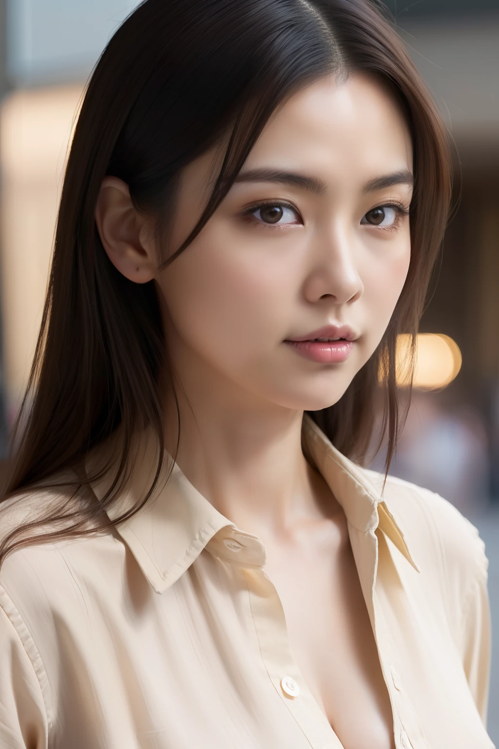 1 woman, Beautiful Japan adult woman, (best qualtiy, 8k wallpaper, tmasterpiece:1.3), (realisitic:1.5), (sense of reality:1.5), Perfect litthing, Perfect figure beautiful woman, (Layered Hair Style, ample breasts:1.2), (Long light beige shirt:1.2), (Street:1.2), Highly detailed facial and skin texture, glowy skin, A detailed eye, 二重まぶた, (The front of the shirt is open:1.1), (breast cleavage exposed:1.1), (small areolas:1.3), (small and beatiful :1.3), see the beholder, Upshot