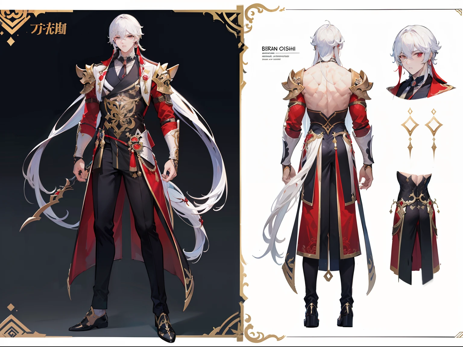 ((Masterpiece, Highest quality)), Male, boy, Detailed face, character design sheet, full bodyesbian, Full of details, frontal body view, back body view, Highly detailed, Depth, Many parts, Muscle boy with white long hair,handsome man, vampire outfit clothes, man tall