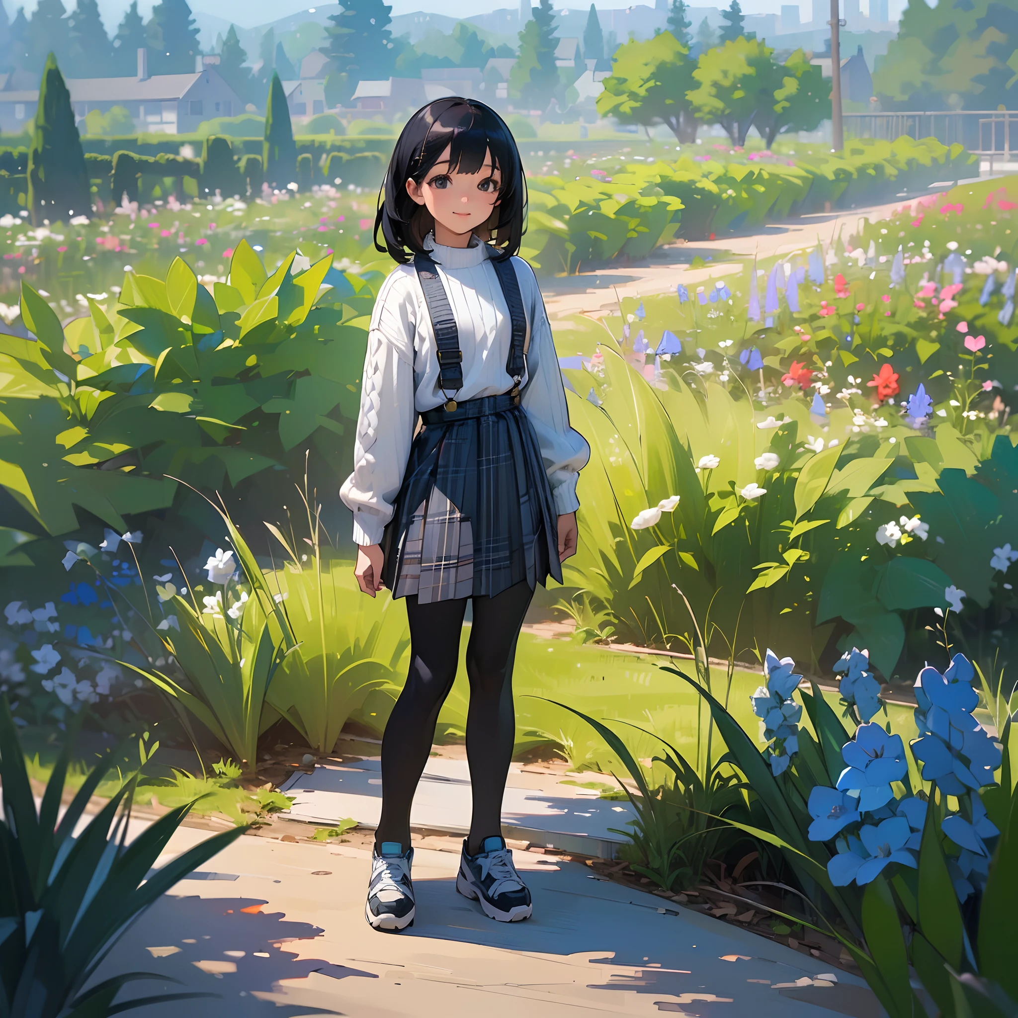 (High quality, High resolution, Ultra-detailed, Realistic:1.37), peaceful ambiance, (plein air, garden), girl standing alone, Beautiful detailed features, Cute smile, (Black bob hair), White ribbed sweater, blue plaid skirt, Black tights, White sneakers.