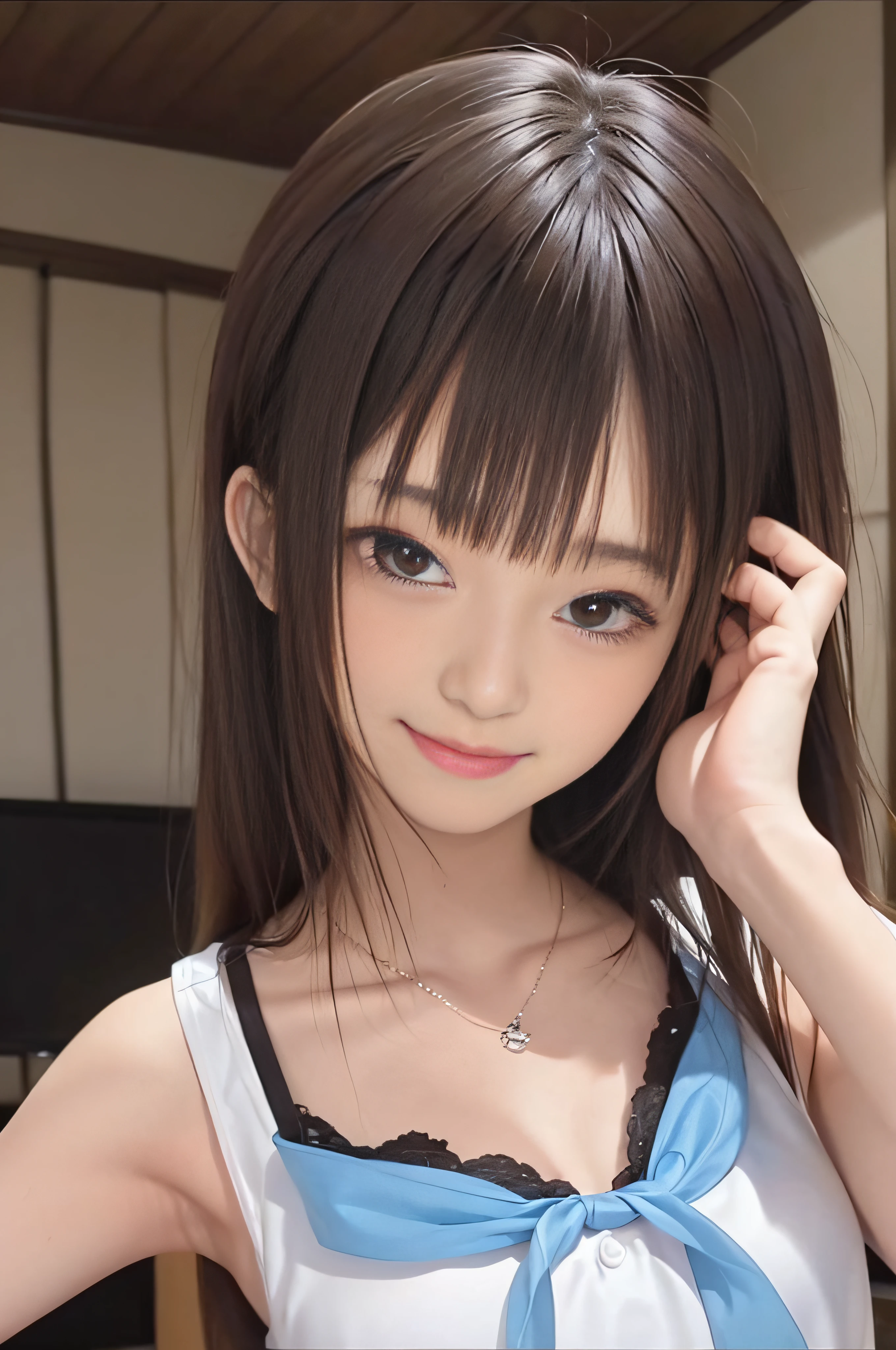 、a smile、brown haired、beautidful eyes、real looking skin、small tits、(8K、​masterpiece)、(reallistic、Photorealsitic)、top-quality、ighly detailed、The ultra-detailliert、Beautie、cute little、japanes、idol