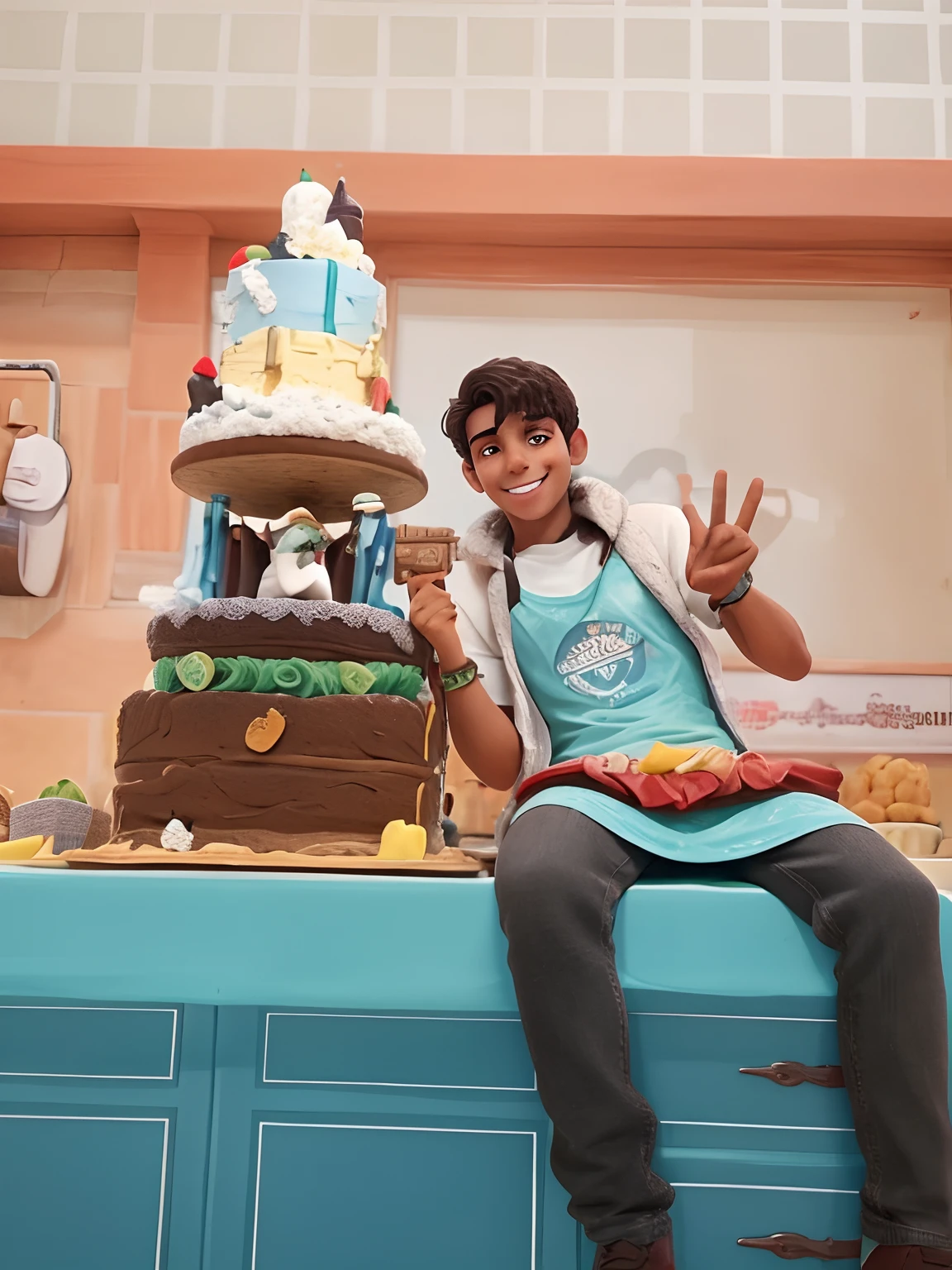 Um jovem e alegre confeiteiro ao lado do seu lindo bolo