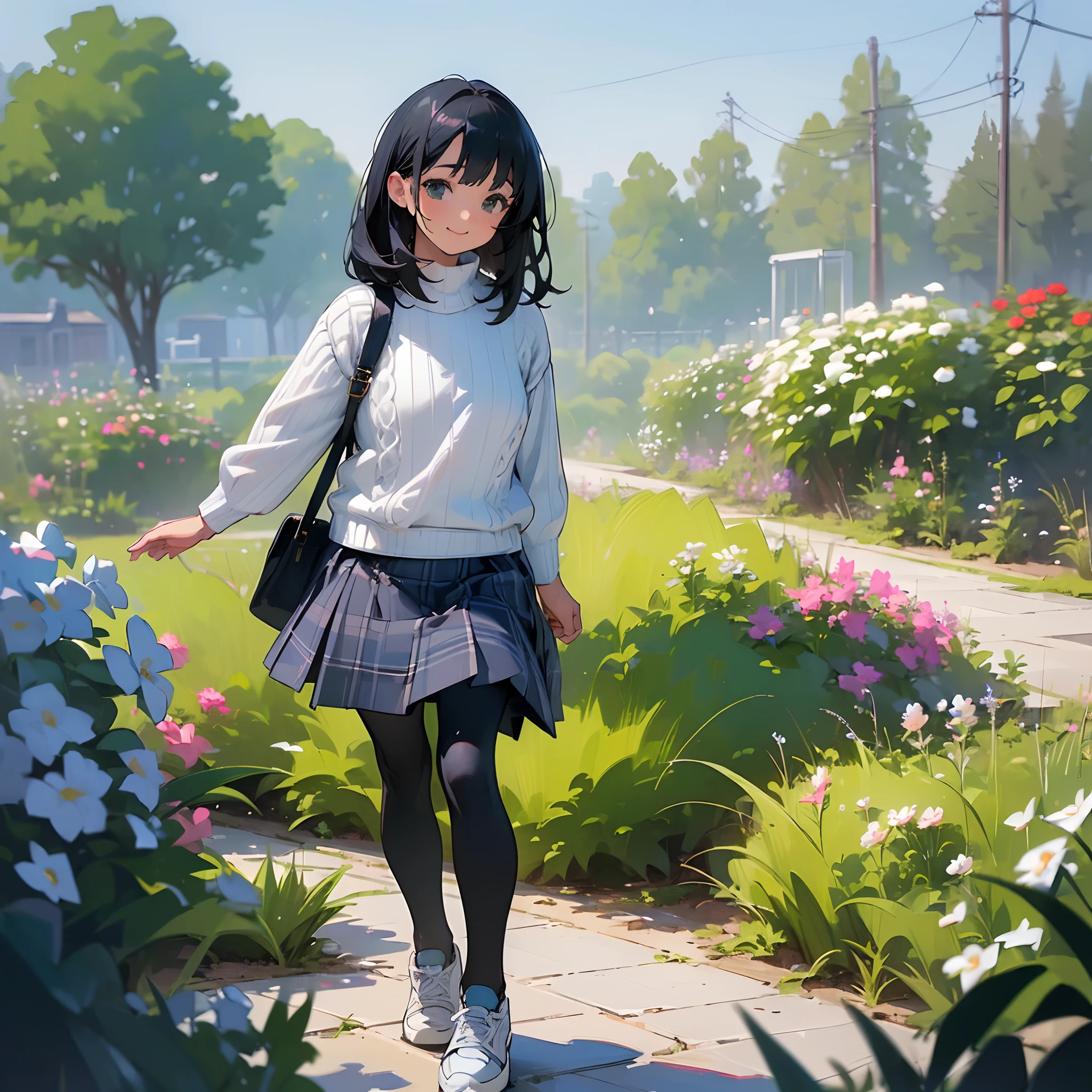 (High quality, High resolution, Ultra-detailed, Realistic:1.37), peaceful ambiance, (plein air, garden), girl standing alone, Beautiful detailed features, Cute smile, (Black bob hair), White ribbed sweater, blue plaid skirt, Black tights, White sneakers.