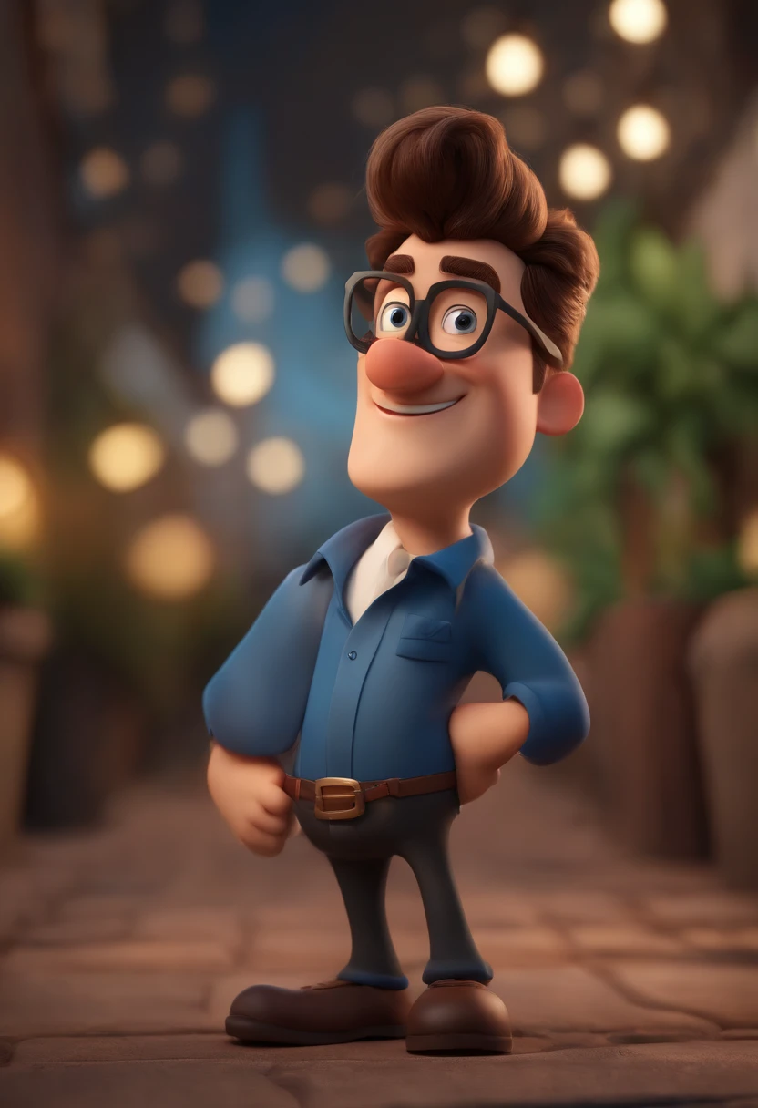 Cartoon character of a man wearing black glasses and a blue shirt, um personagem animado, Caractere estilizado, animation style rendering, 3D estilizado, Arnold Maya render, 3 d render stylized, toon render keyshot, Personagem 3D, Personagem 3D, 3d rendering stylized, 3 d character render, personagem de desenho animado, Personagem de close up, Pose de personagem, (Estilo Pixar) (master part:1.2) (Bokeh) (best quality) (pele detalhada) (textura detalhada) (8k) (argila) (Cinematic lighting) (foco nítido,Senta e vaza a parte superior do corpo